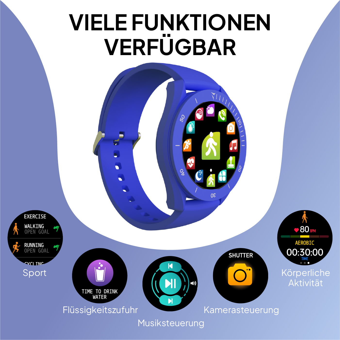 Montre connectée bleue avec fonctions sport, musique, caméra et santé.
