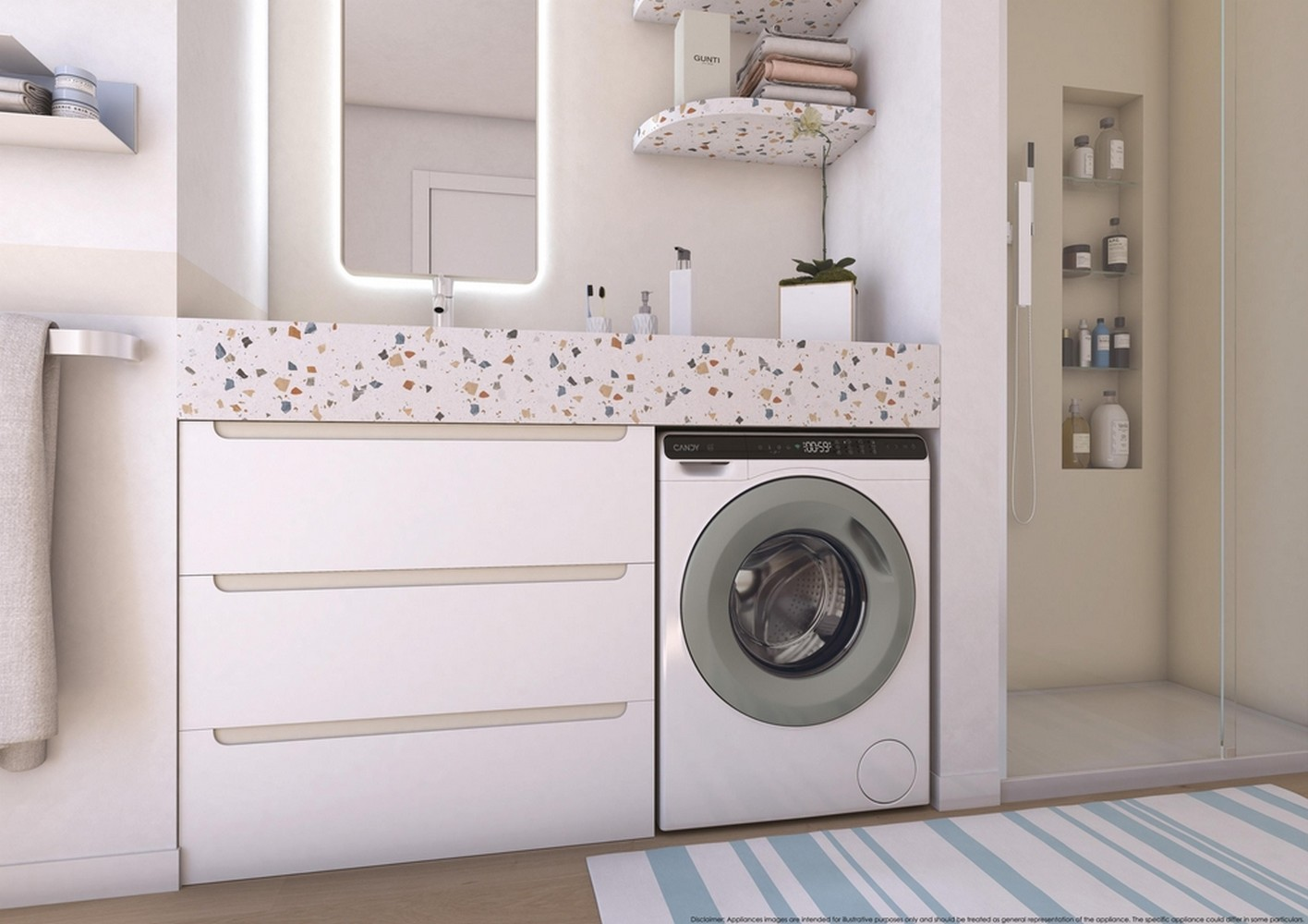 Bagno moderno con lavatrice, lavandino e box doccia.
