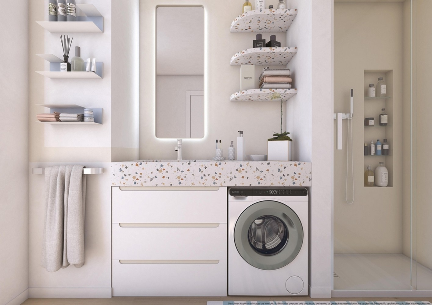 Bagno moderno con lavatrice, lavabo e doccia.