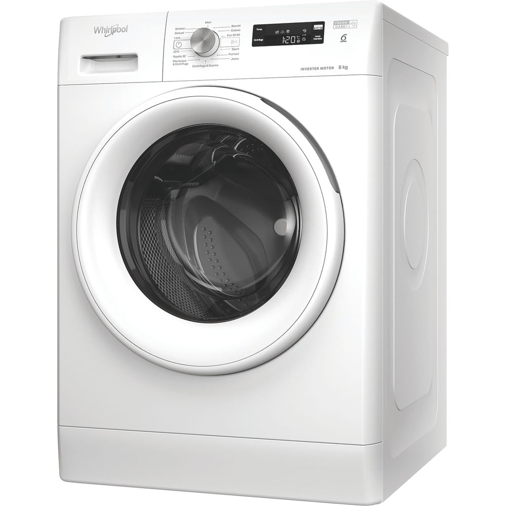 Una lavatrice Whirlpool bianca a carica frontale con display digitale.