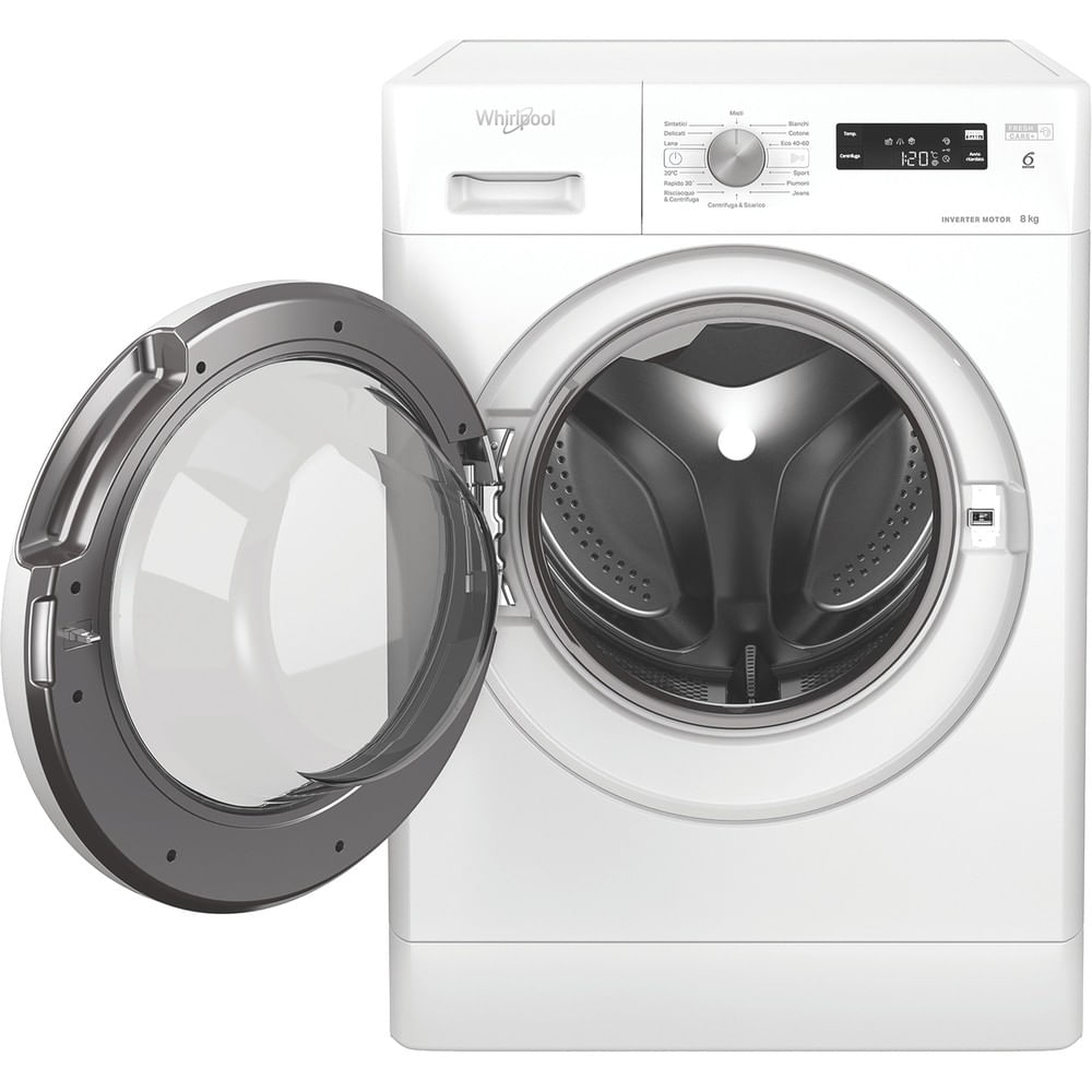 Lavatrice Whirlpool bianca con oblò aperto, mostra il cestello.