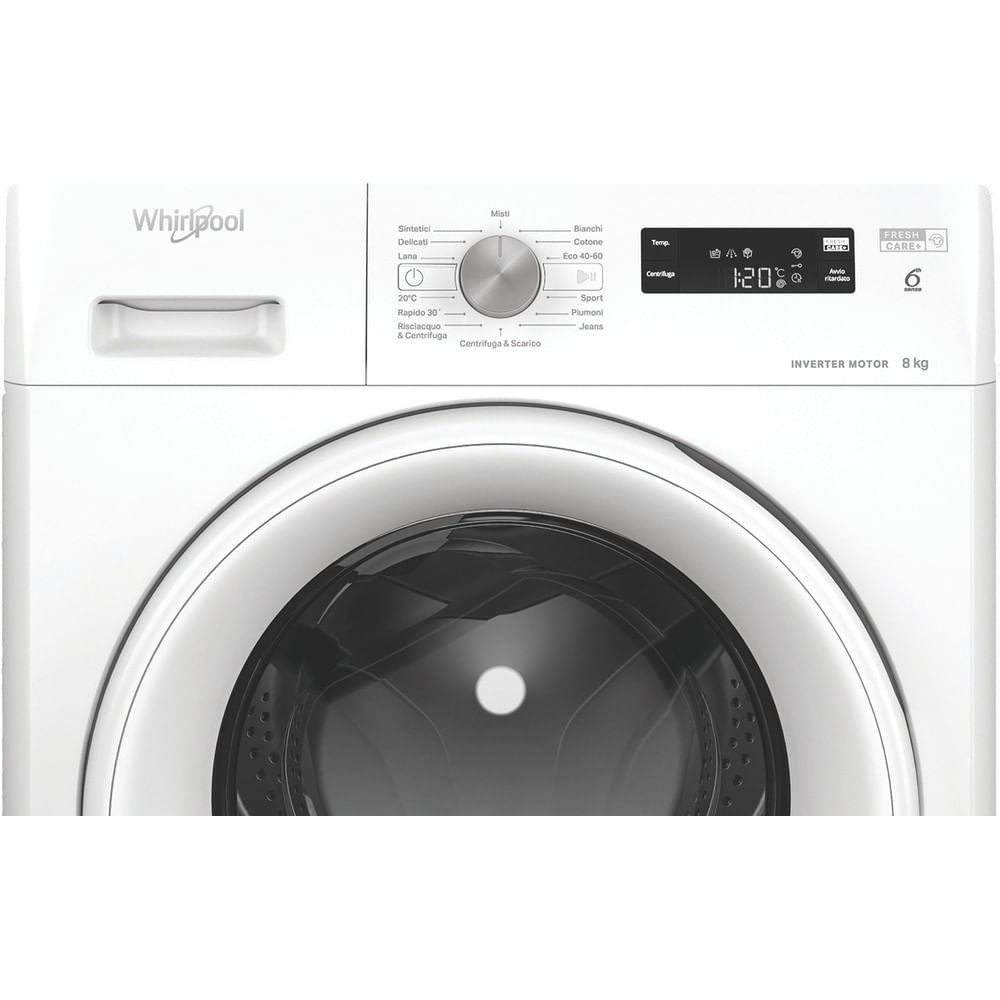 Lavatrice bianca Whirlpool con pannello di controllo, display e oblò tondo.
