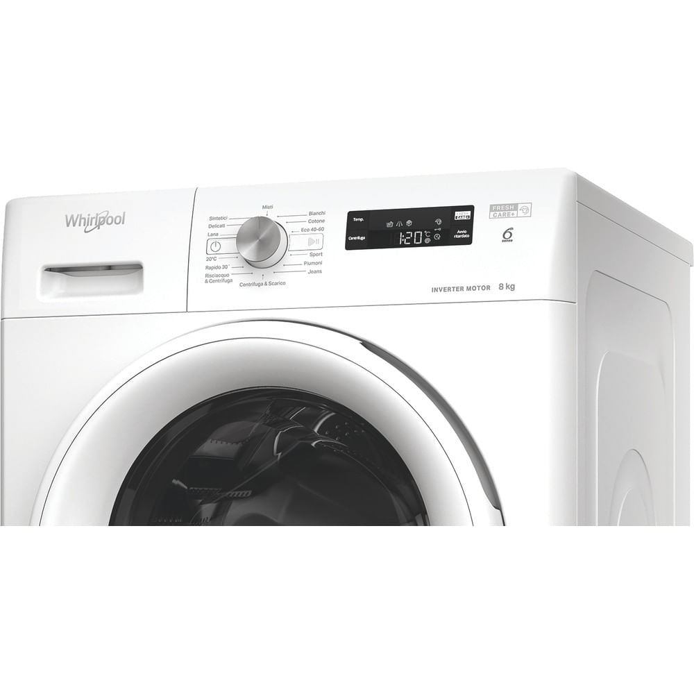 Lavatrice bianca Whirlpool con display digitale e selettore programmi.