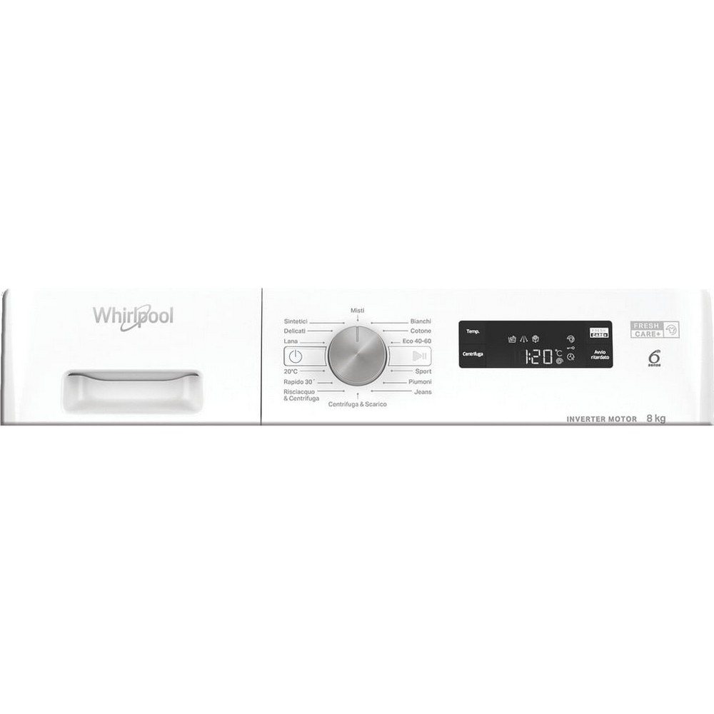 Vista frontale di una lavatrice bianca Whirlpool con pannello comandi, display e manopola programmi.