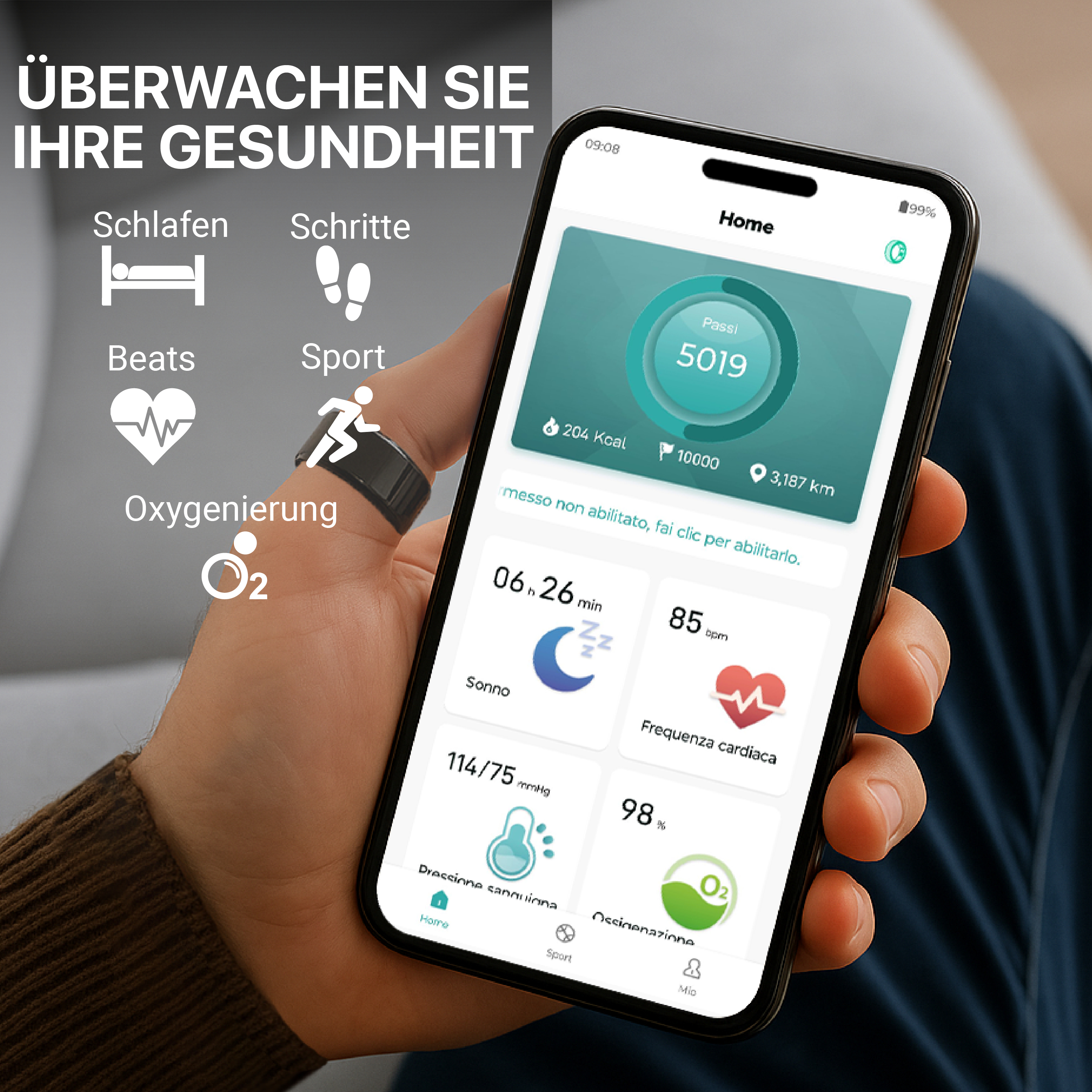 Hand hält Smartphone mit Gesundheits-App. Zeigt Schritte, Herzfrequenz, Schlaf.