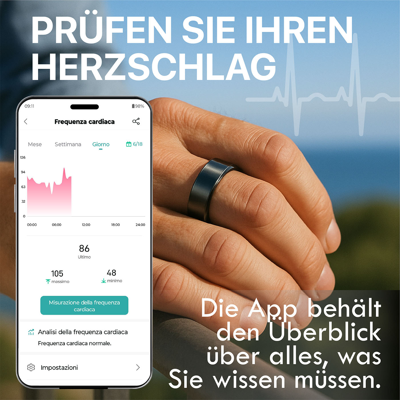 Uno smartphone mostra dati sulla frequenza cardiaca con un anello al dito.