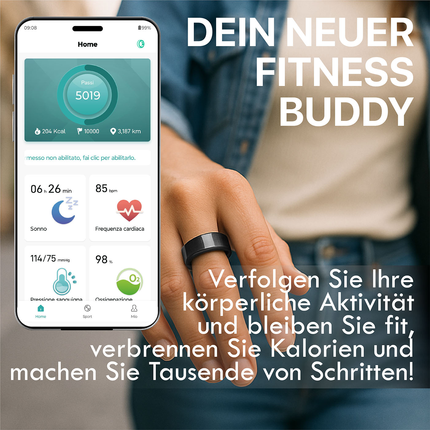 Un dito indossa un anello fitness, accanto un'app mostra passi, sonno e battito cardiaco.