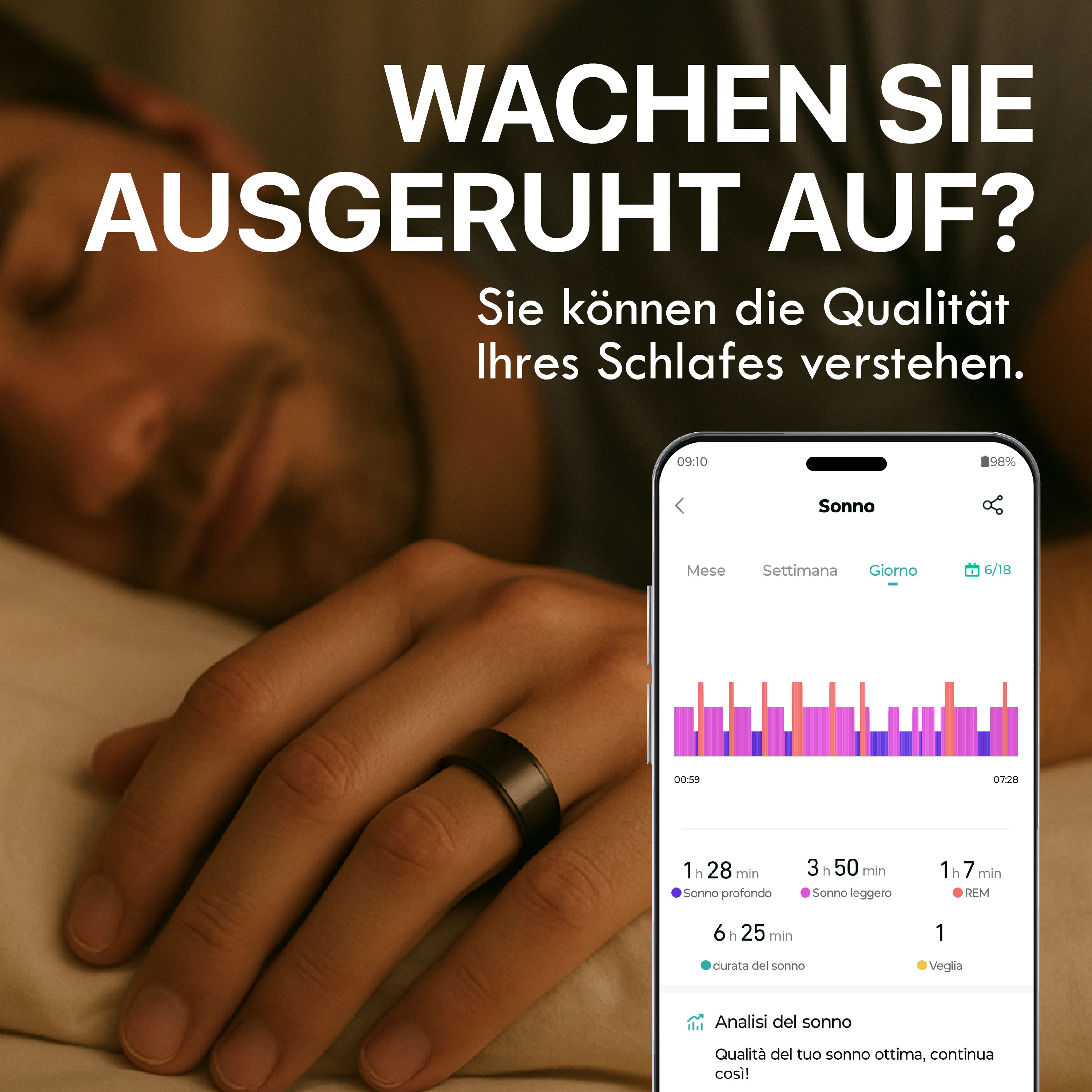App di monitoraggio del sonno su smartphone accanto a un uomo che dorme.