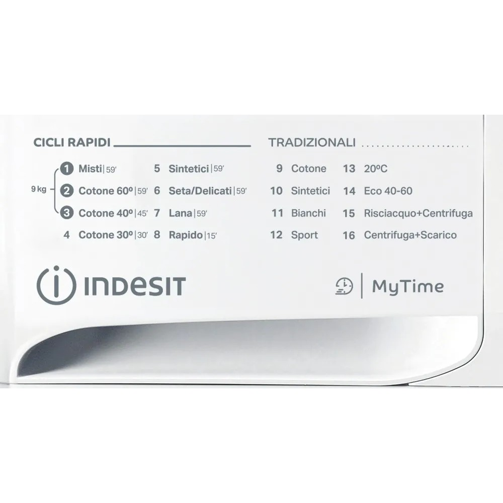 Pannello comandi lavatrice con programmi e logo Indesit.
