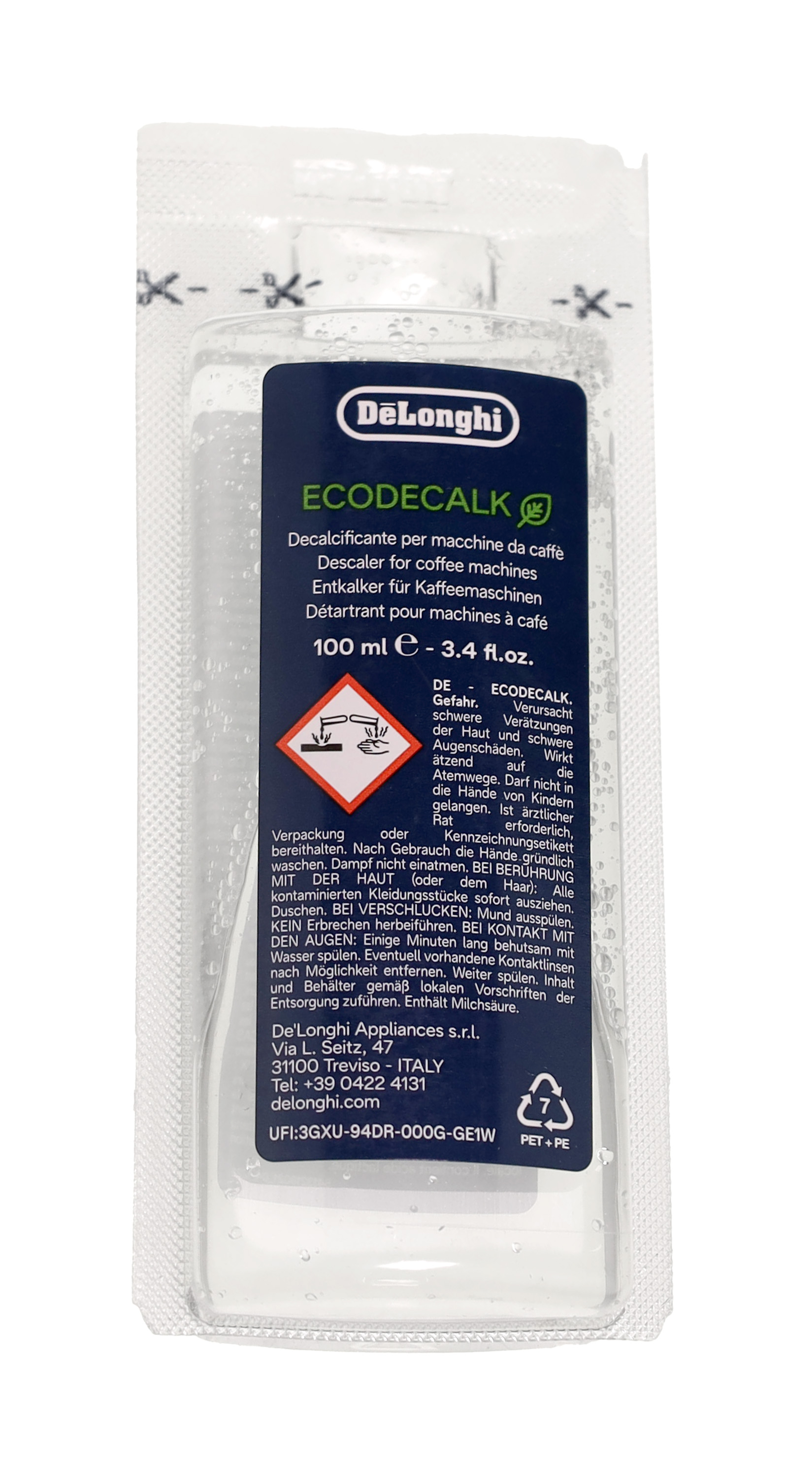 DeLonghi ECODECALK kahve makineleri için kireç çözücü, 100ml. Laktik asit içerir.