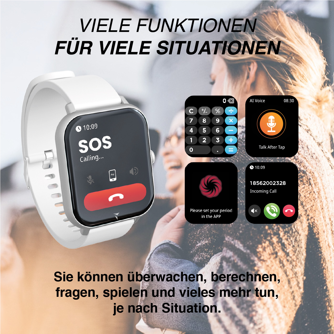 Smartwatch mostra chiamata SOS, calcolatrice, voce AI e chiamata in arrivo.