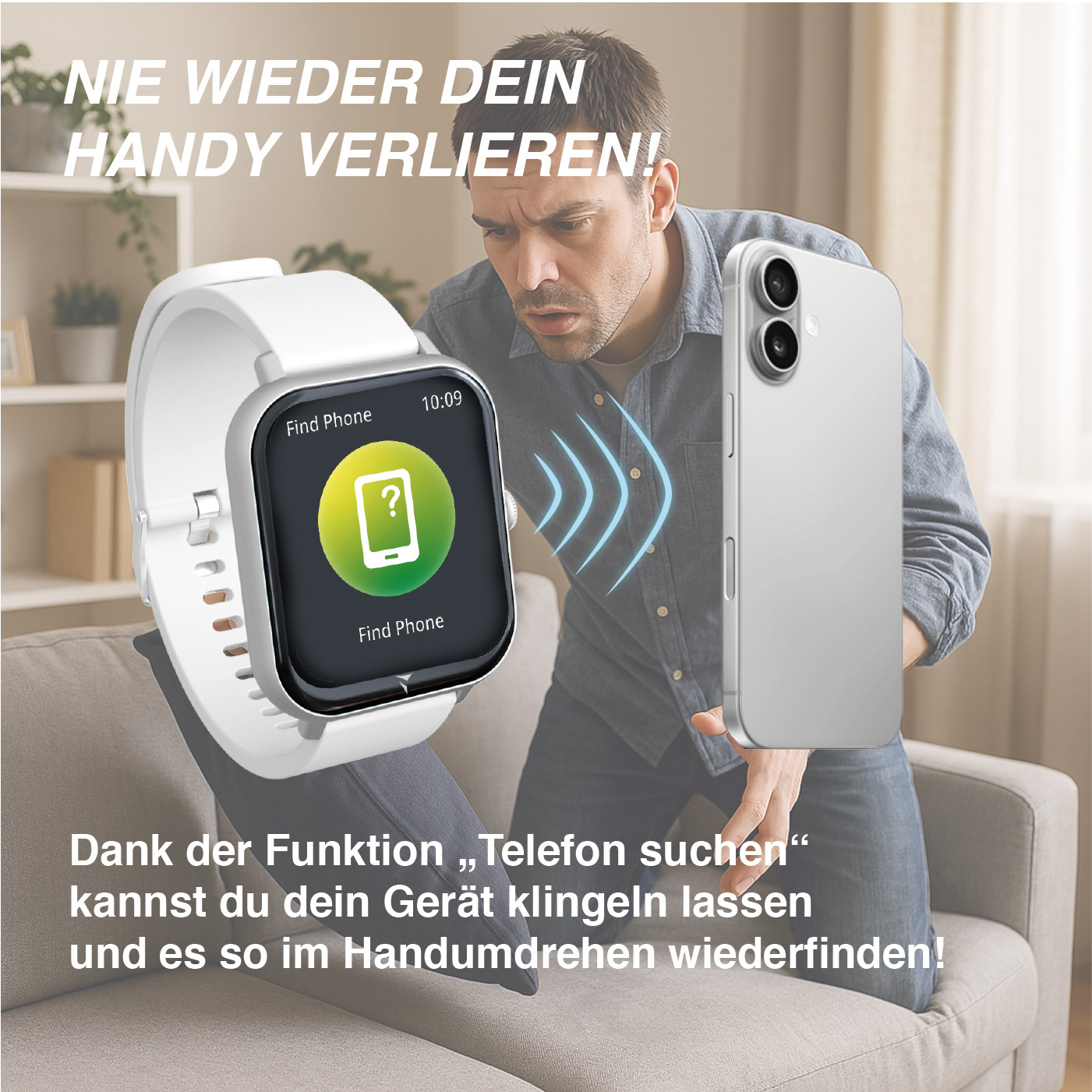 Uomo cerca telefono con smartwatch. Funzione 'Trova telefono' mostrata.