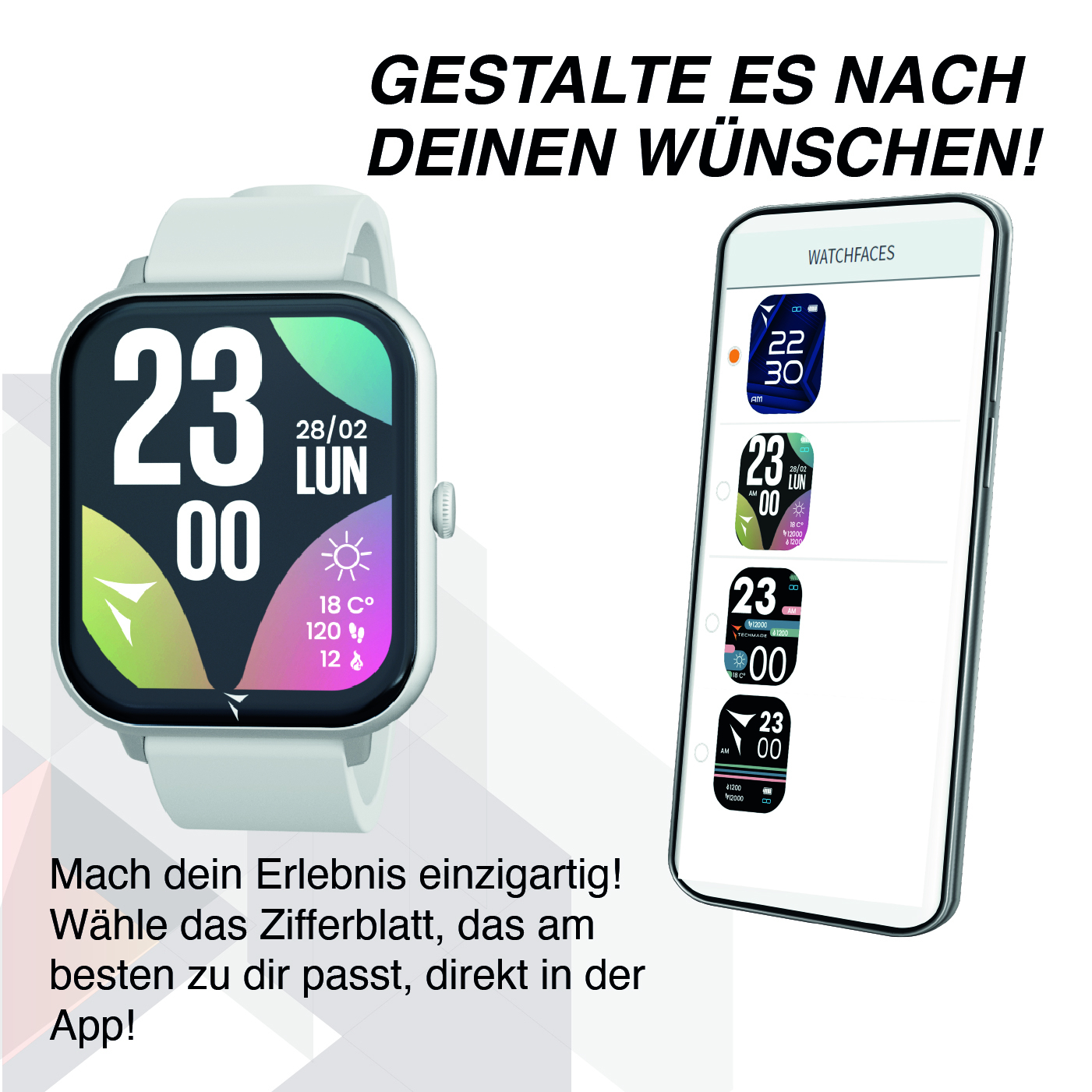Uno smartwatch bianco mostra le 23:00. Accanto, un telefono con watchfaces.