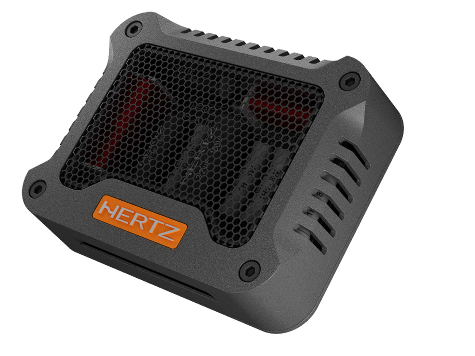 Ein kompakter, grauer Lautsprecher mit schwarzem Gitter und orangem HERTZ-Logo.