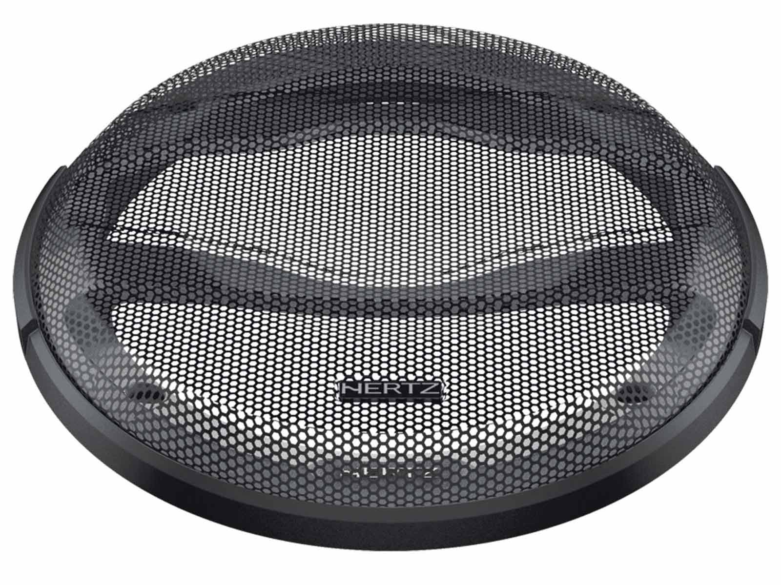 Schwarzer Lautsprechergrill mit sechseckigem Muster und silbernem Hertz-Logo.