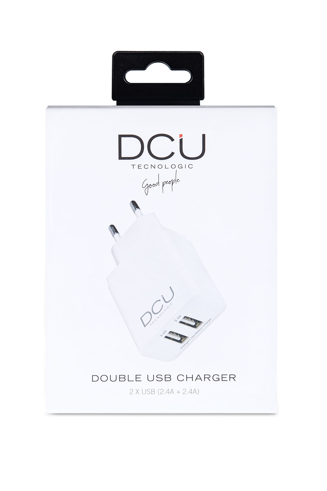 Embalaje de un cargador USB doble blanco con logo DCU.