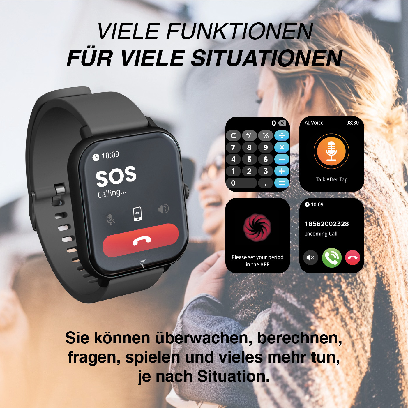 Smartwatch mostra chiamata SOS, calcolatrice, voce AI, impostazione app e chiamata in arrivo.