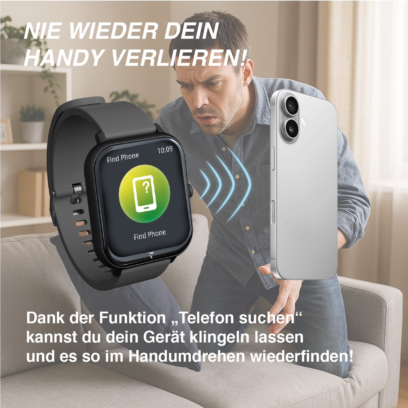 Uomo con smartwatch e telefono. L'orologio mostra la funzione "Trova telefono".