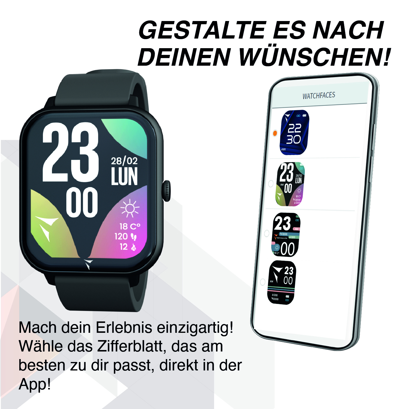 Smartwatch nero mostra quadranti e opzioni app su un telefono.