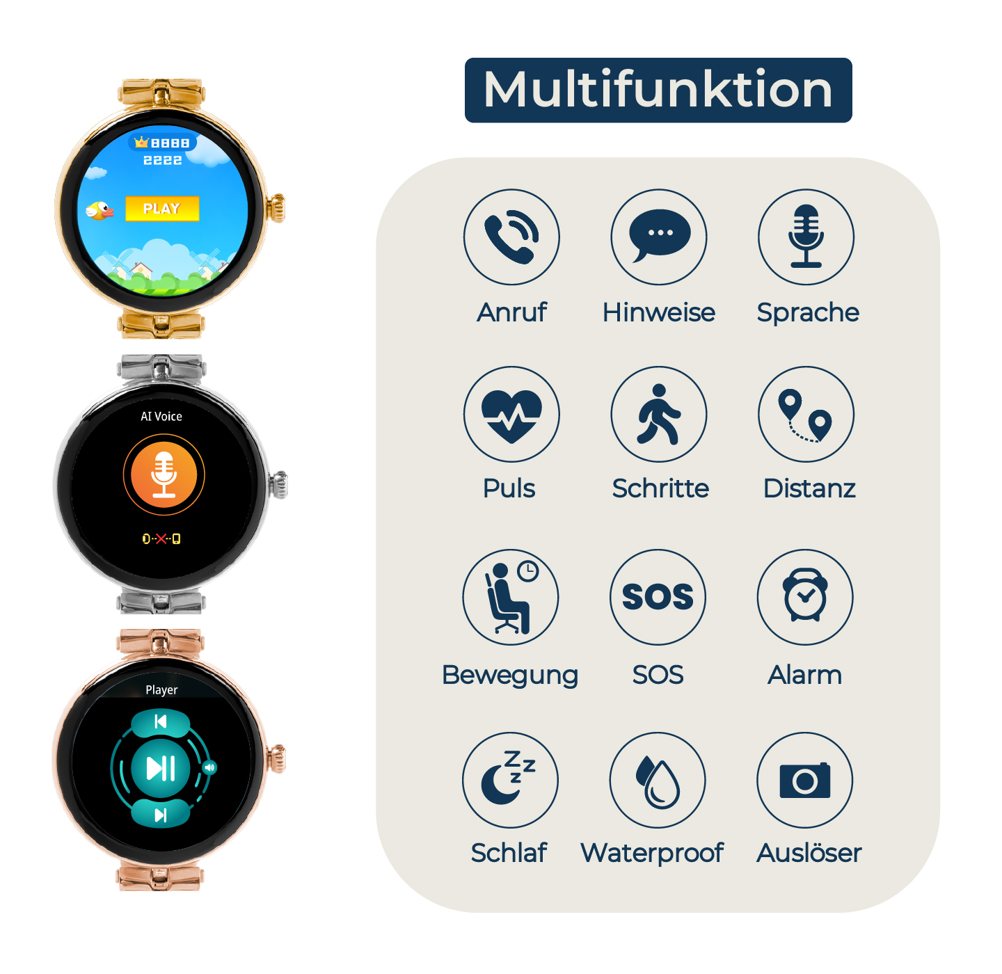 Tre smartwatch mostrano funzioni: gioco, voce IA, lettore musicale.