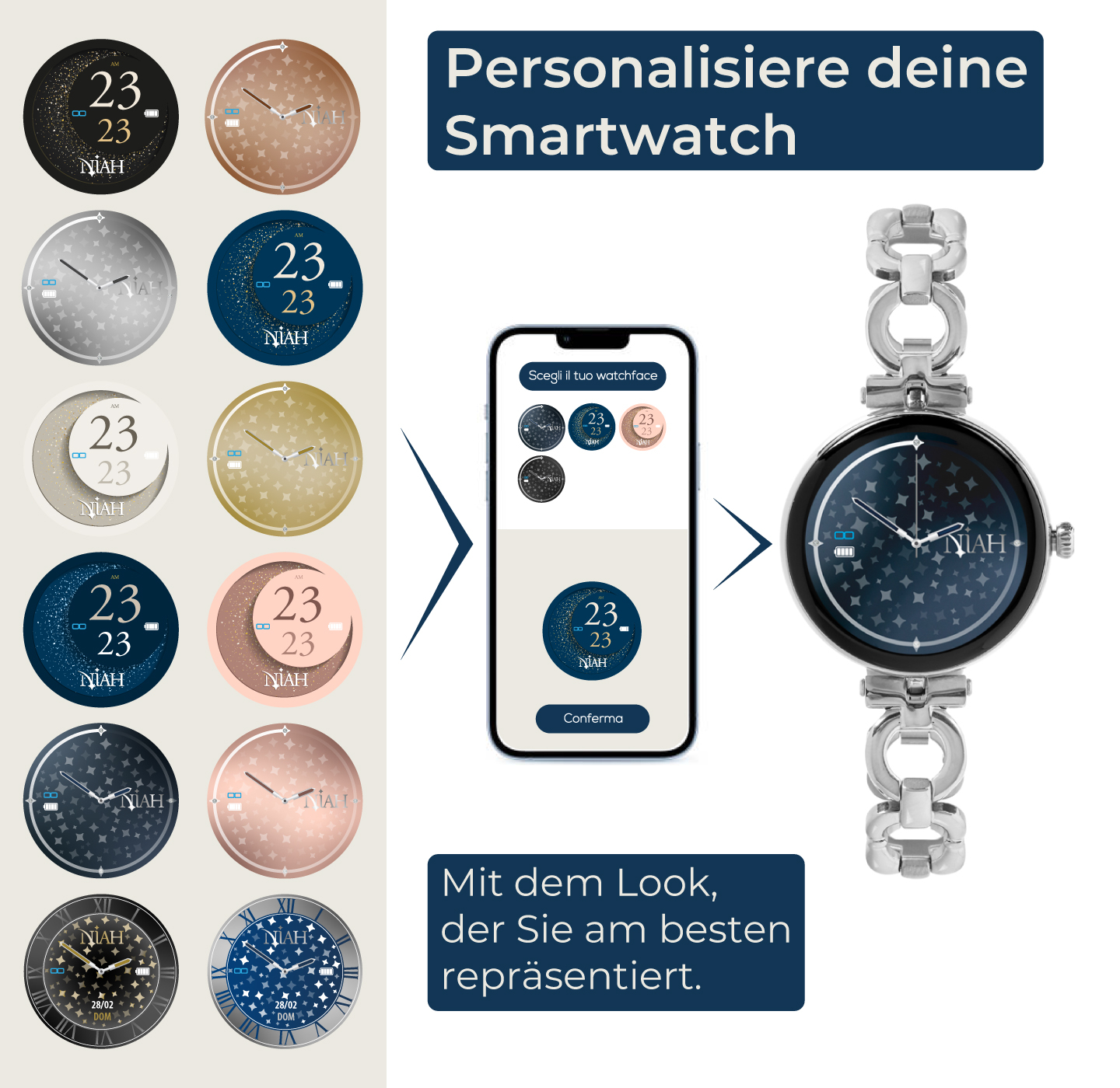 Smartwatch con vari quadranti e opzioni di personalizzazione.