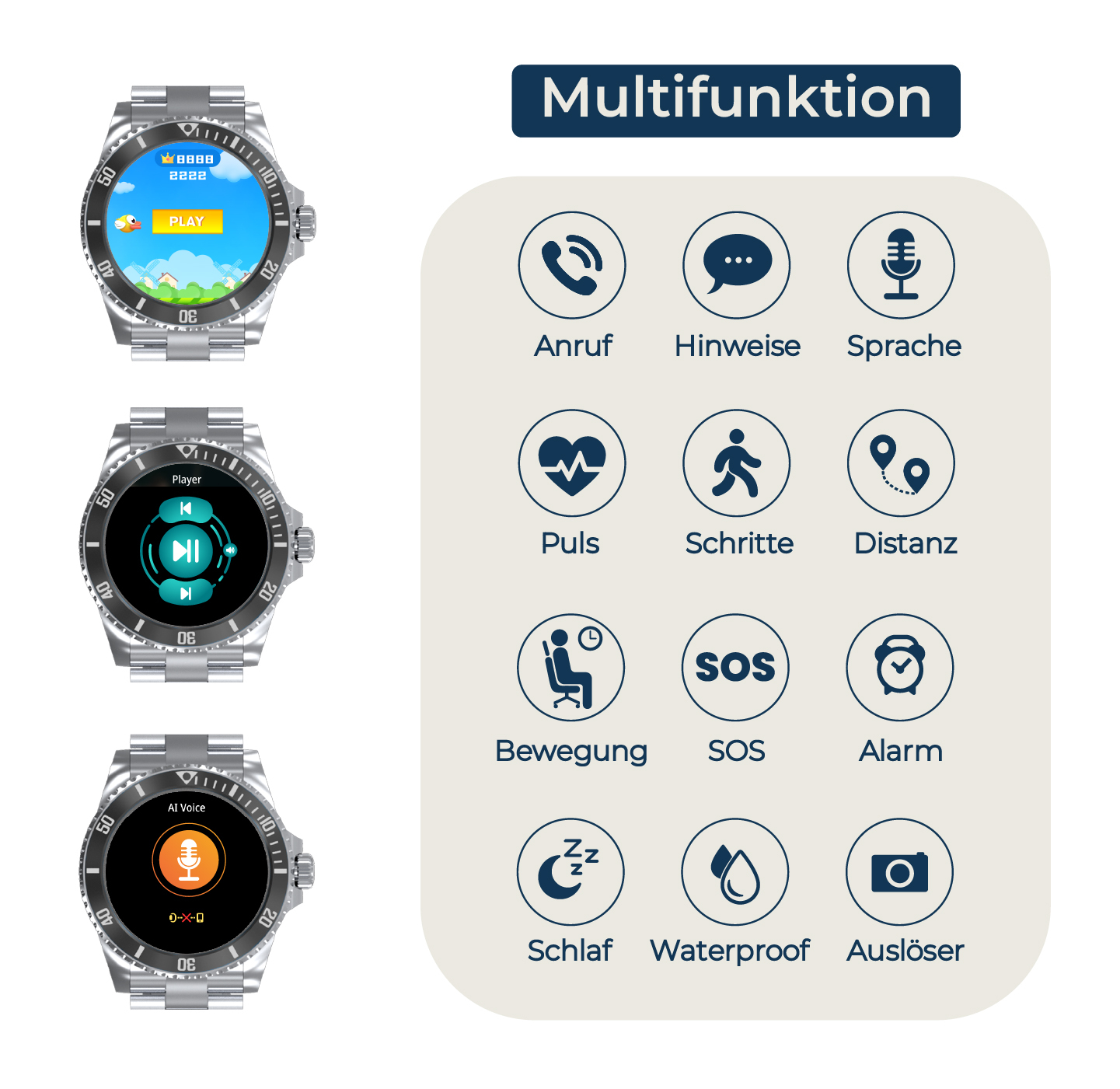 Smartwatch mostra gioco, lettore musicale e assistente vocale AI.