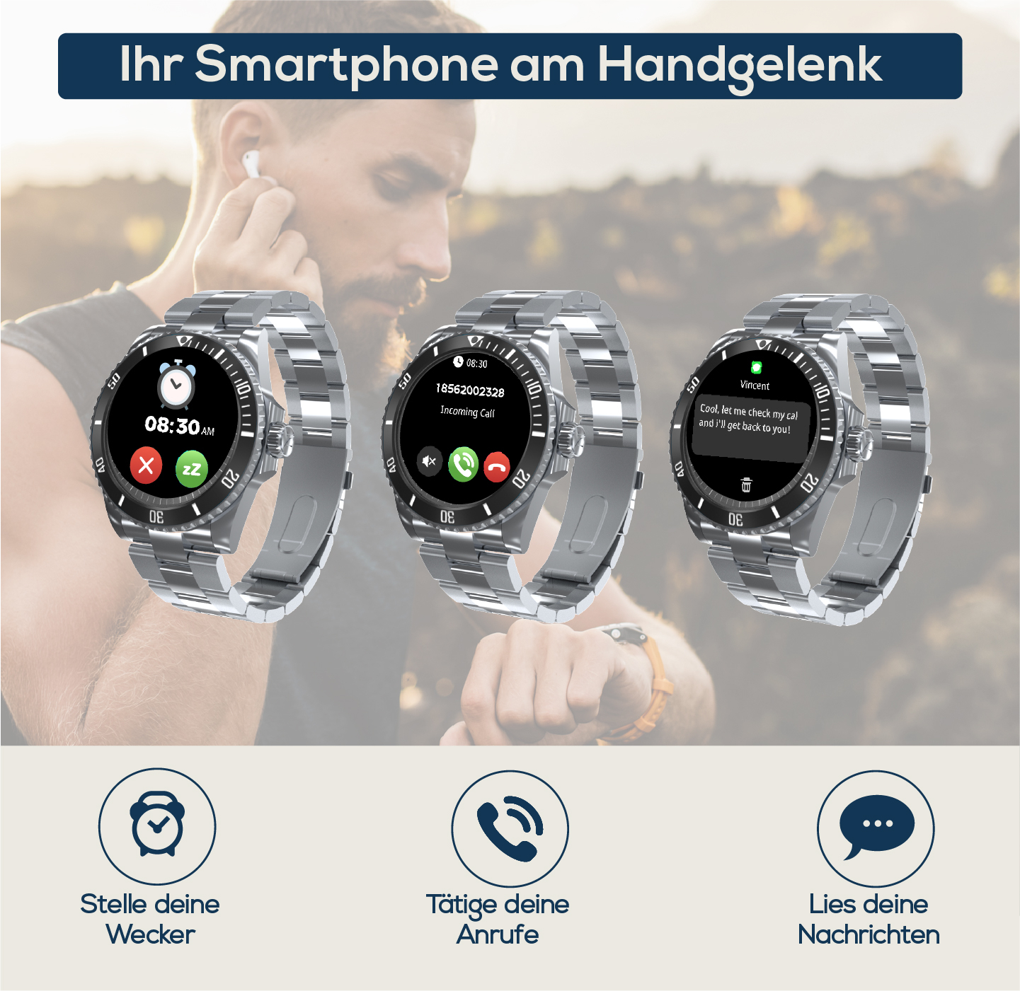 Uomo con smartphone al polso; orologio mostra sveglia, chiamata e messaggio.
