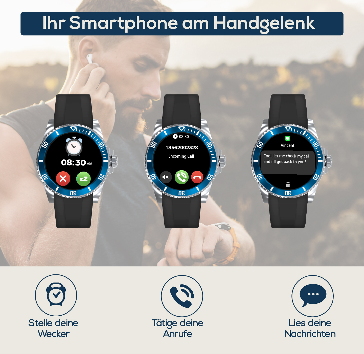 Mann mit Smartwatch: Wecker, Anruf und Nachrichten-Anzeige.