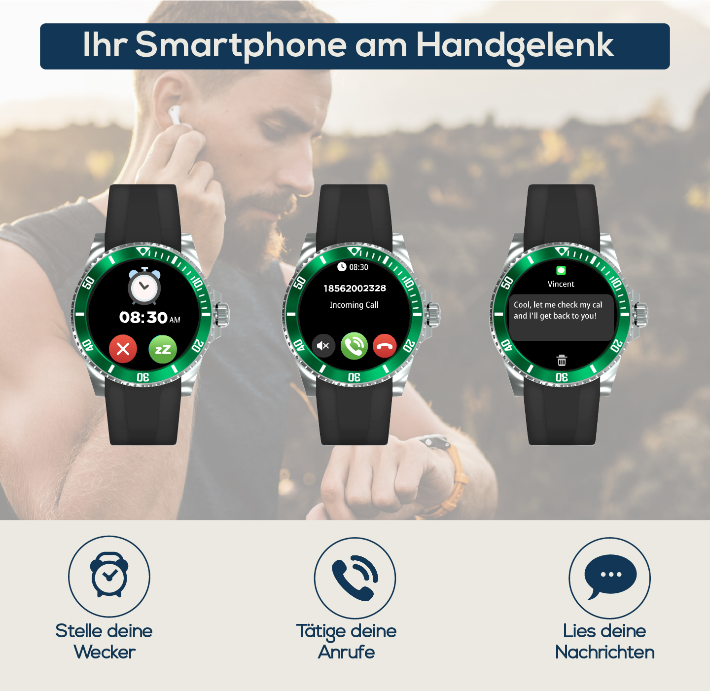 Mann mit Smartwatch, zeigt Alarm, Anruf & Nachricht an. Symbole: Wecker, Telefon, Chat.