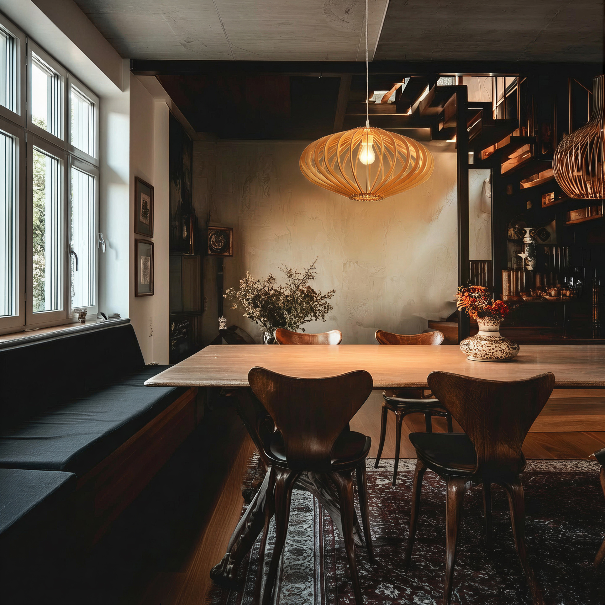 Ein Esszimmer mit Holztisch, Stühlen, Fensterbank und einer Wendeltreppe.