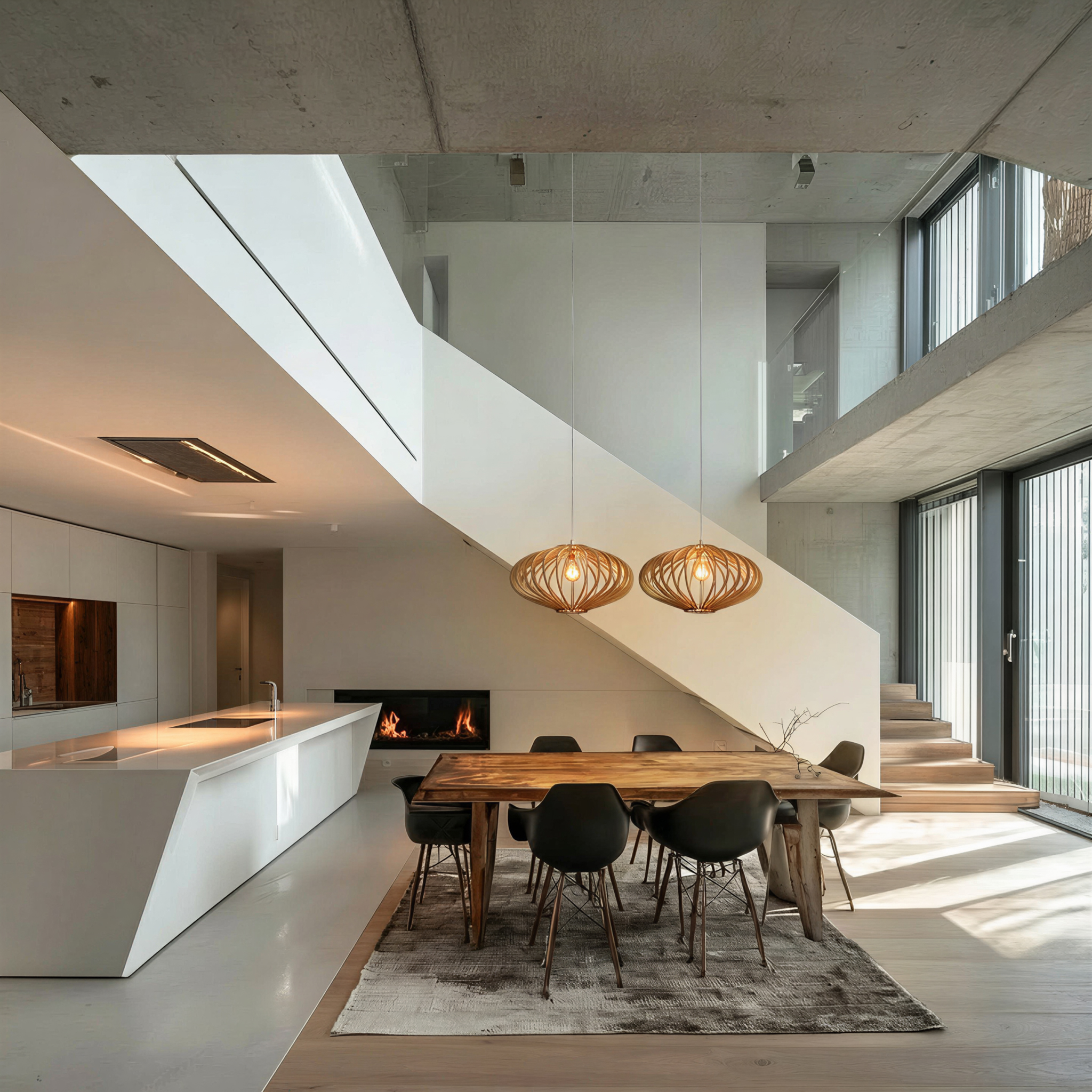 Modernes Wohnzimmer mit Küche, Kamin und Treppe.