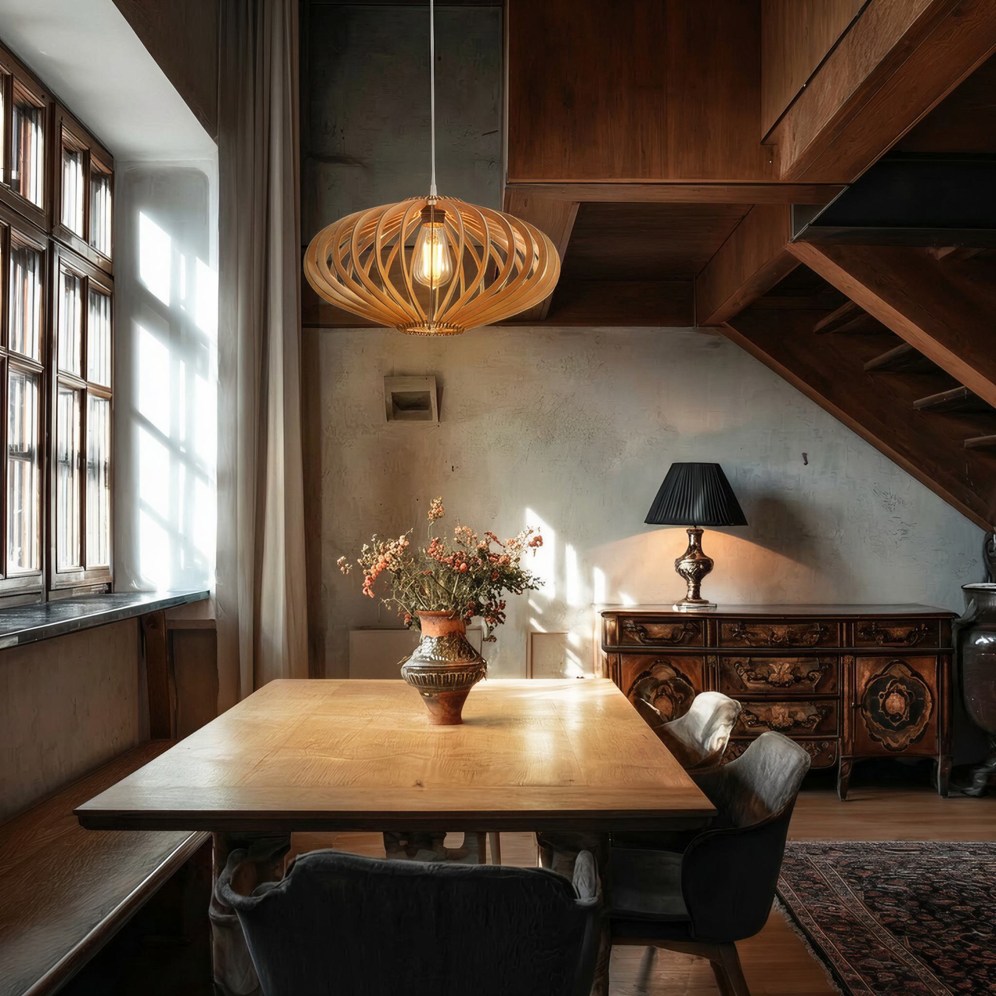 Ein Holztisch mit Blumen in einer Vase und einem Kronleuchter.