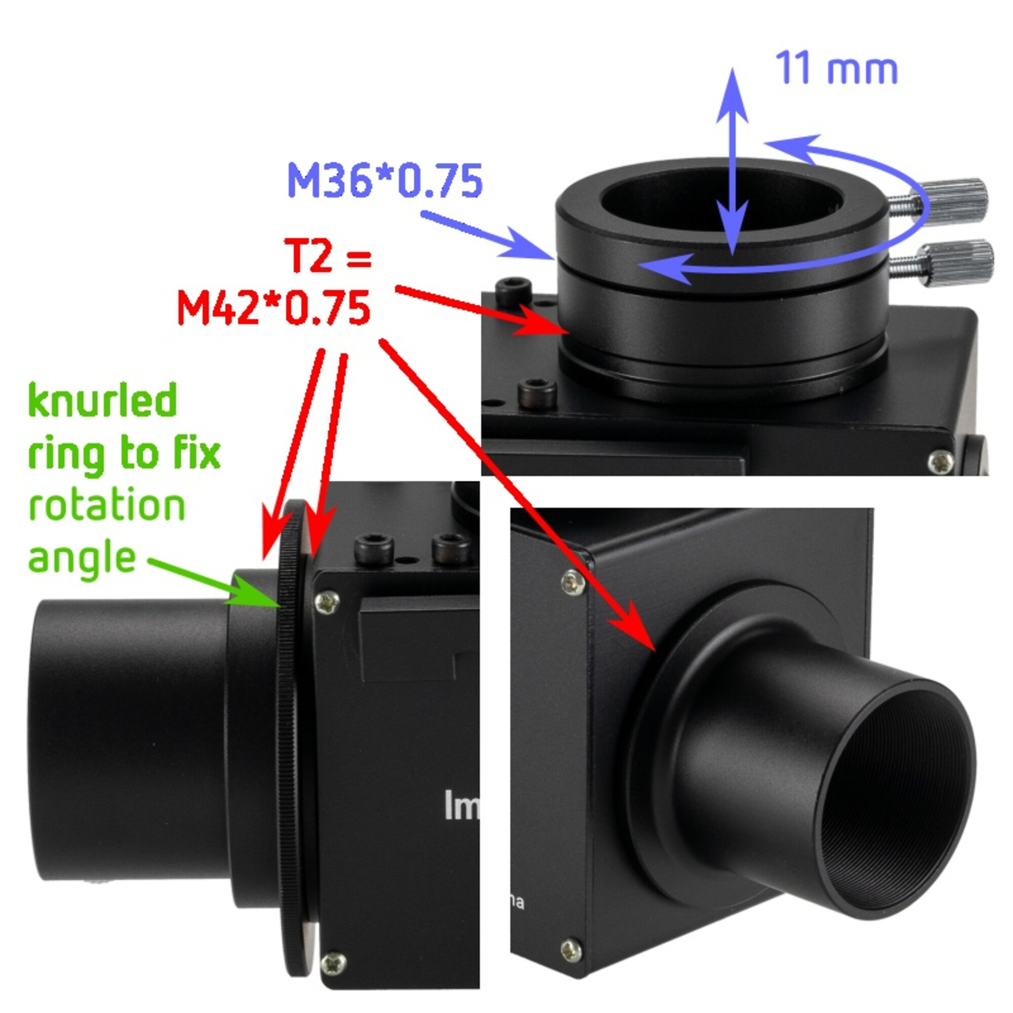 Detailansicht eines schwarzen Kameraadapters mit Beschriftungen für Gewindegrößen und Verstellmöglichkeiten.