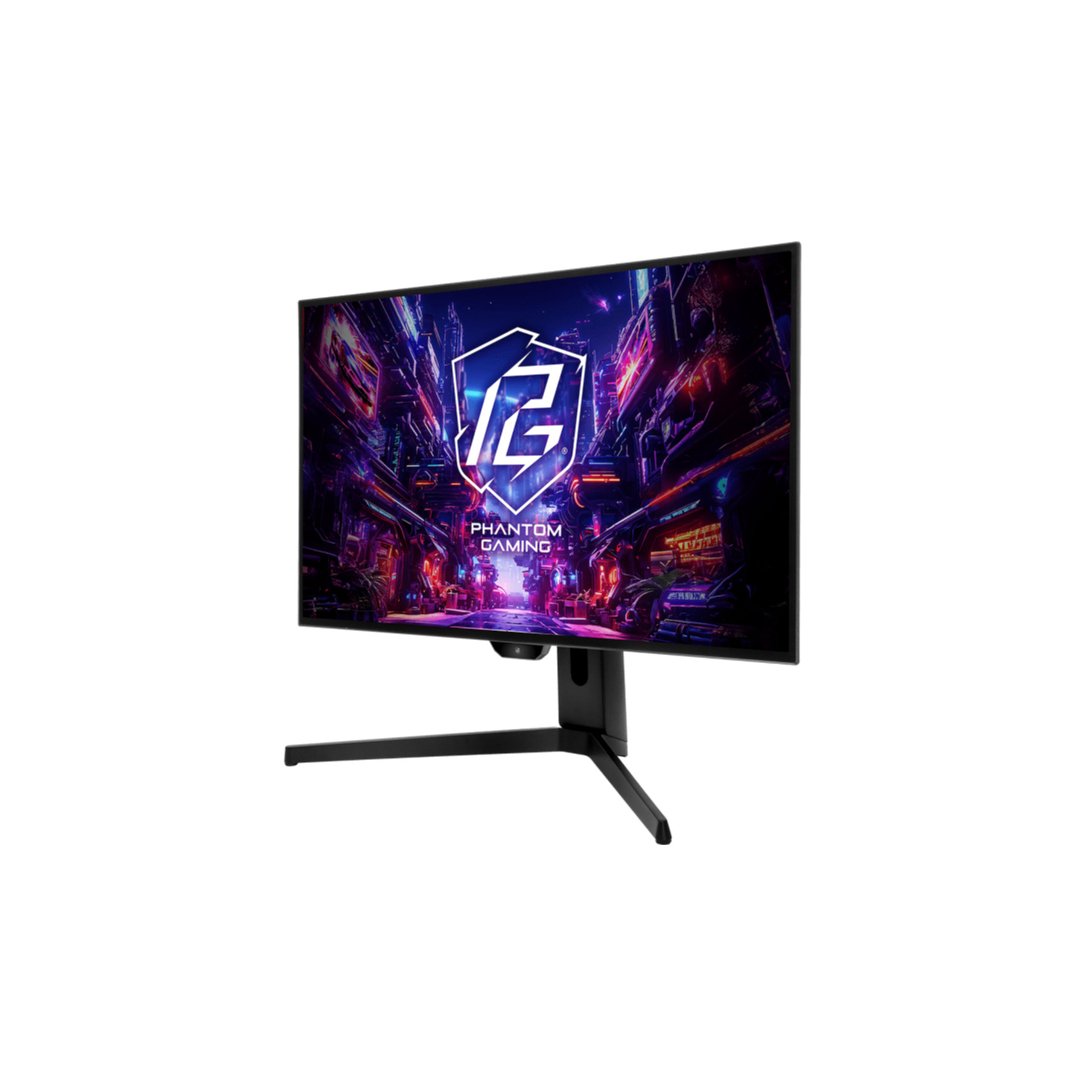 Ein moderner Gaming-Monitor mit einem futuristischen Stadtbild als Hintergrund.