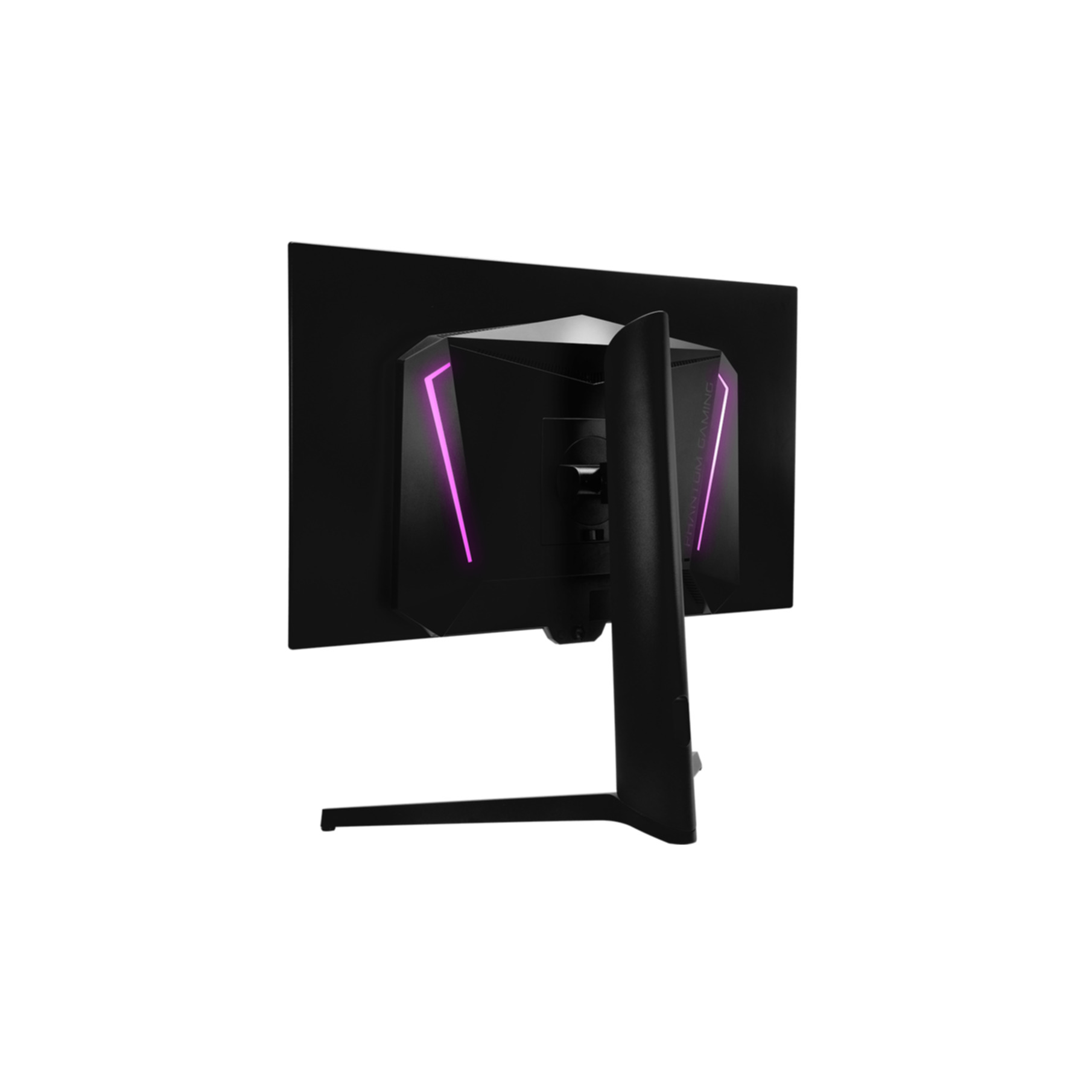 Rückseite eines schwarzen Monitors mit lila Akzentbeleuchtung und einem Standfuß.