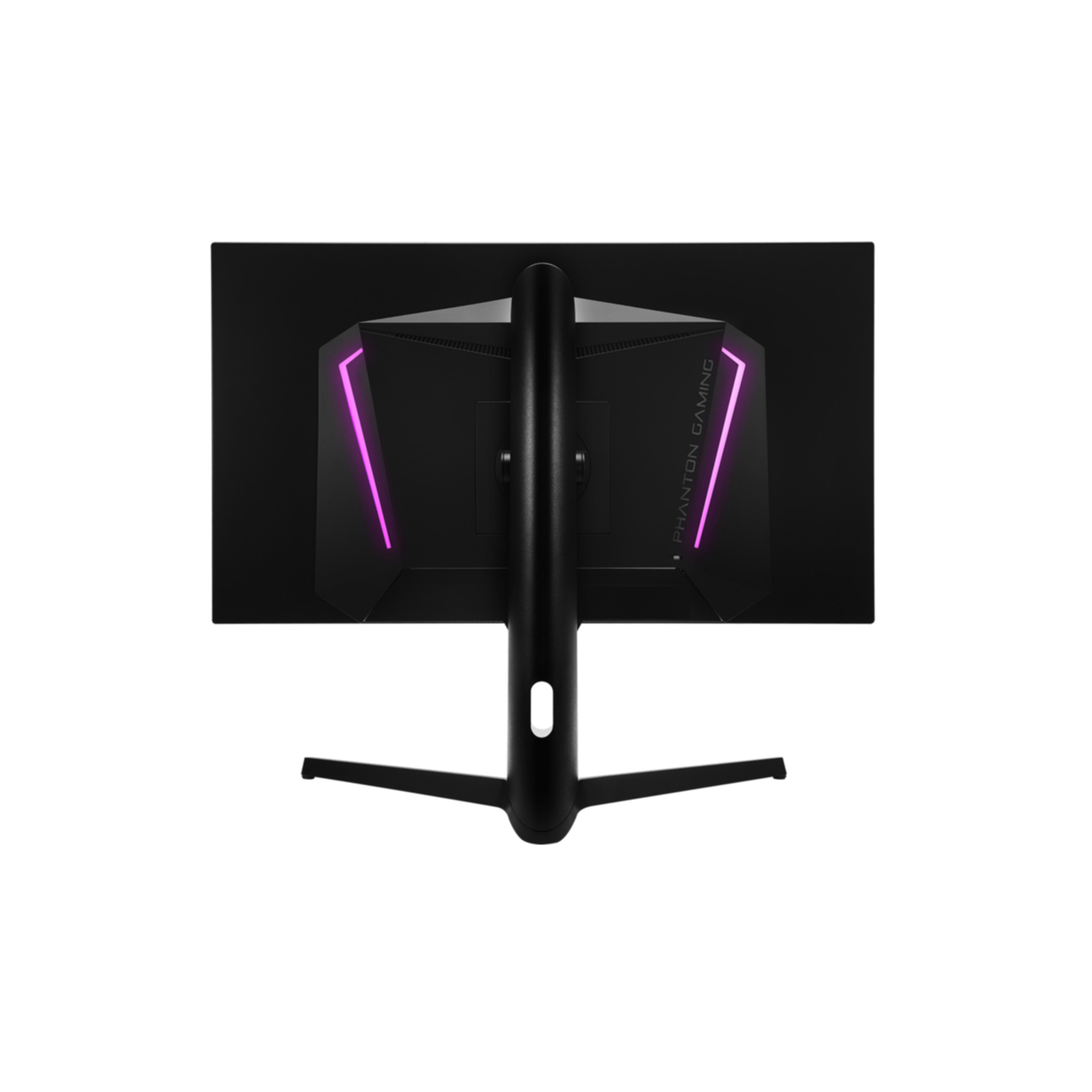 Rückseite eines schwarzen Gaming-Monitors mit RGB-Beleuchtung.