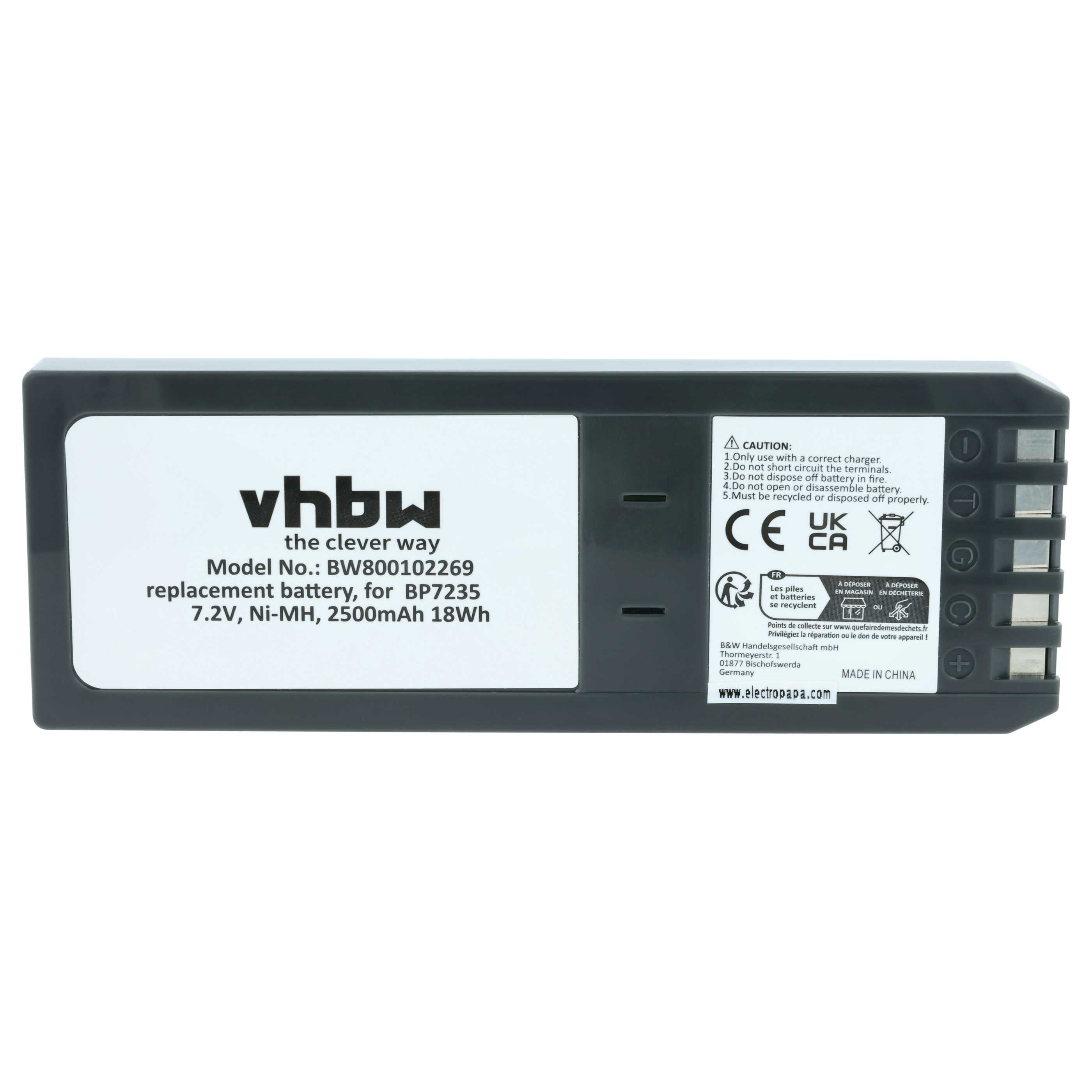 Schwarzer Akku mit Aufdruck: vhbw, Modell BW800102269, 7.2V Ni-MH.