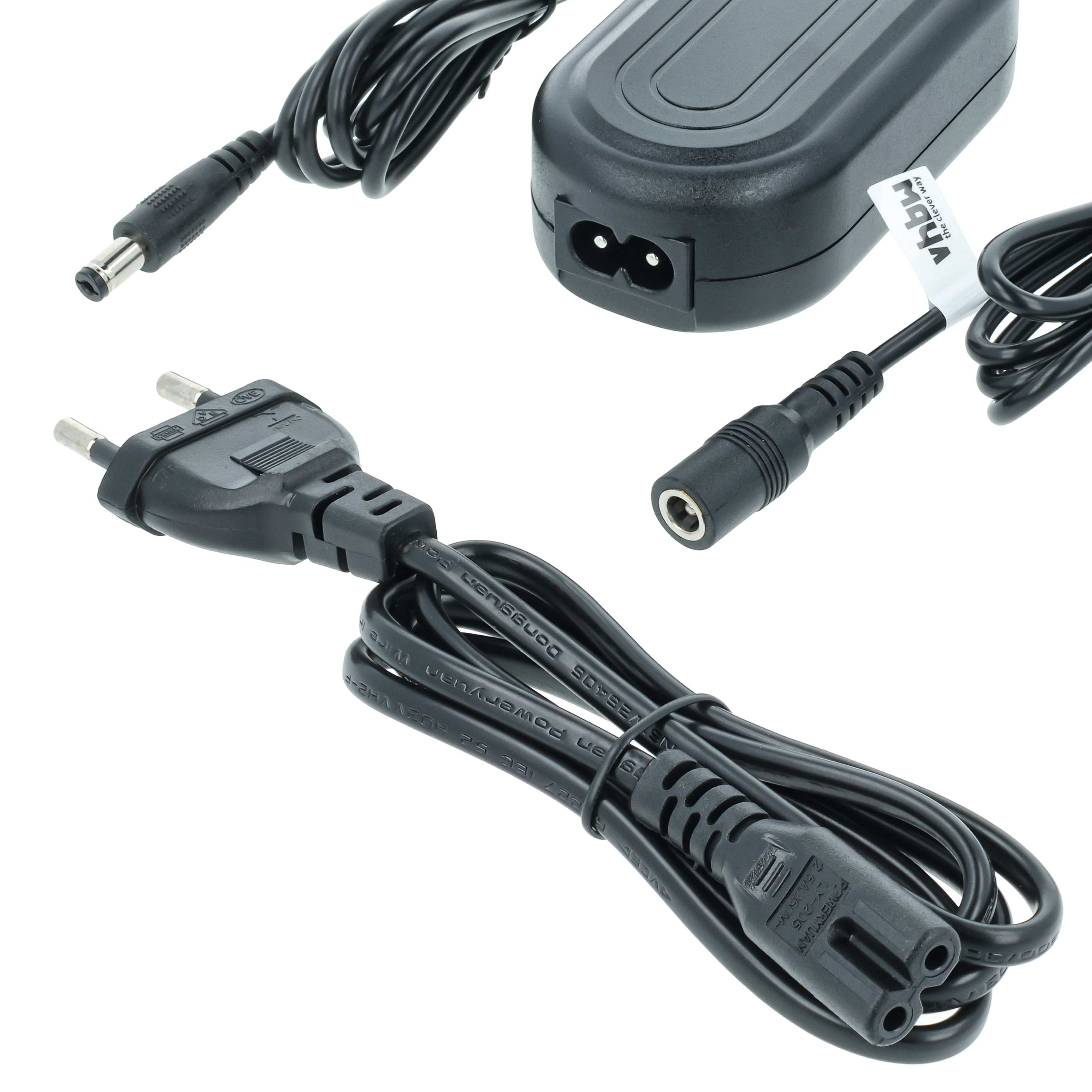 Schwarzes Stromkabel mit Eurostecker, Netzteil und Kaltgerätestecker.