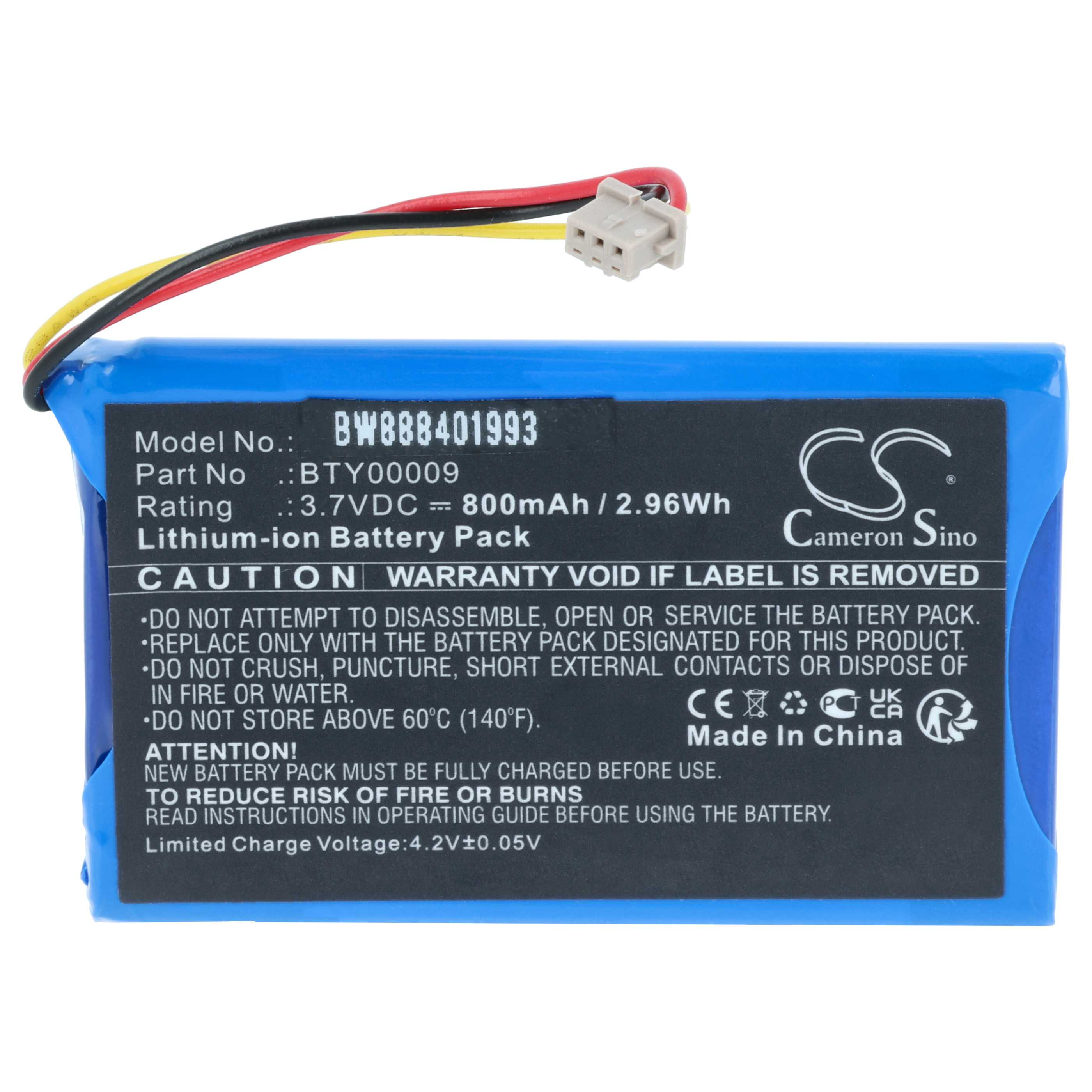 Blauer Lithium-Ionen-Akku mit Kabeln und Aufkleber mit Warnhinweisen.