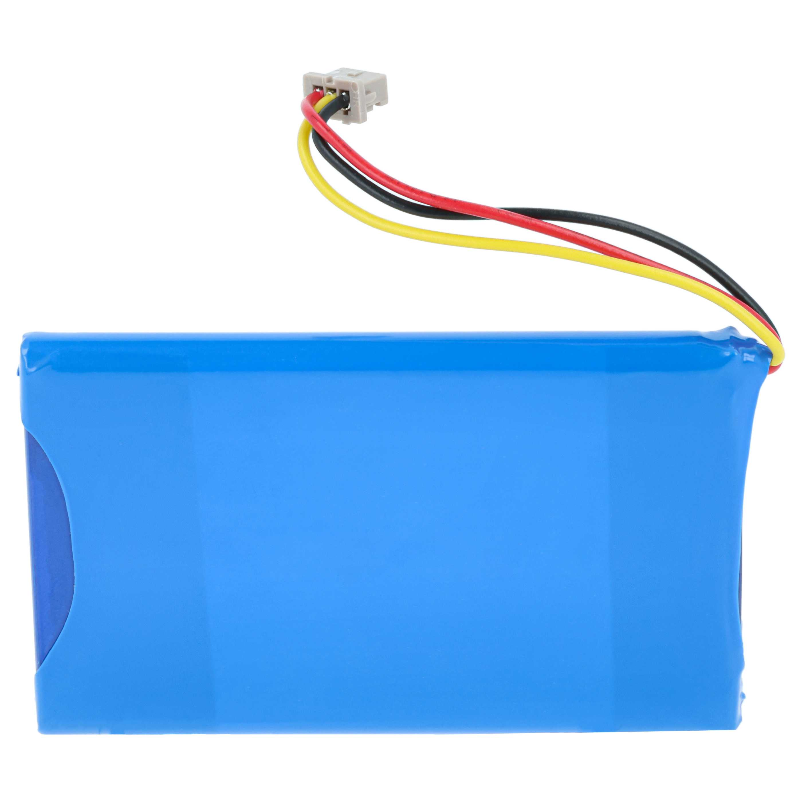 Ein blauer Lithium-Ionen-Akku mit drei Kabeln (rot, schwarz, gelb) und einem Stecker.
