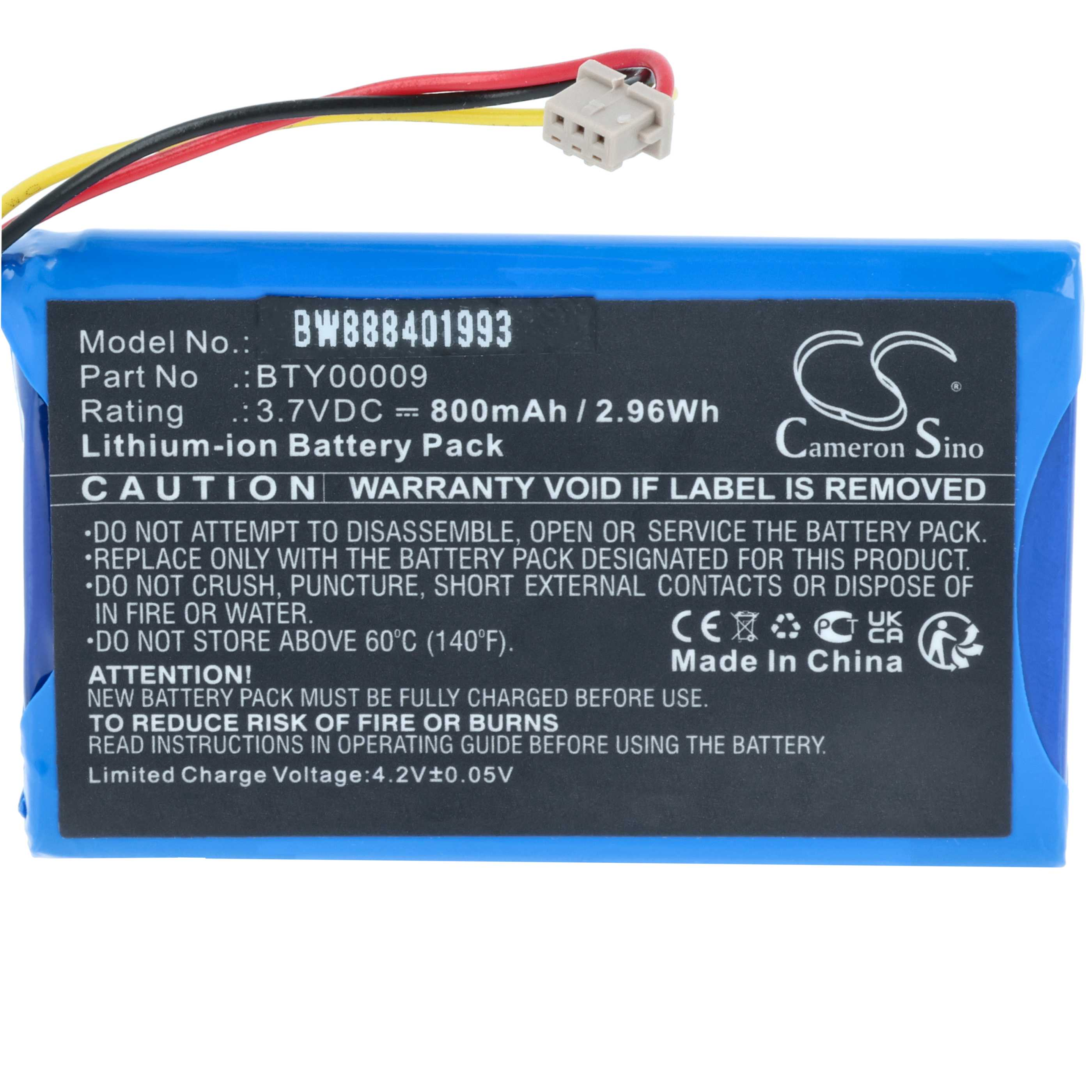 Blauer Lithium-Ionen-Akku mit Kabeln und Anschluss. Modell BW888401993, 3.7V.