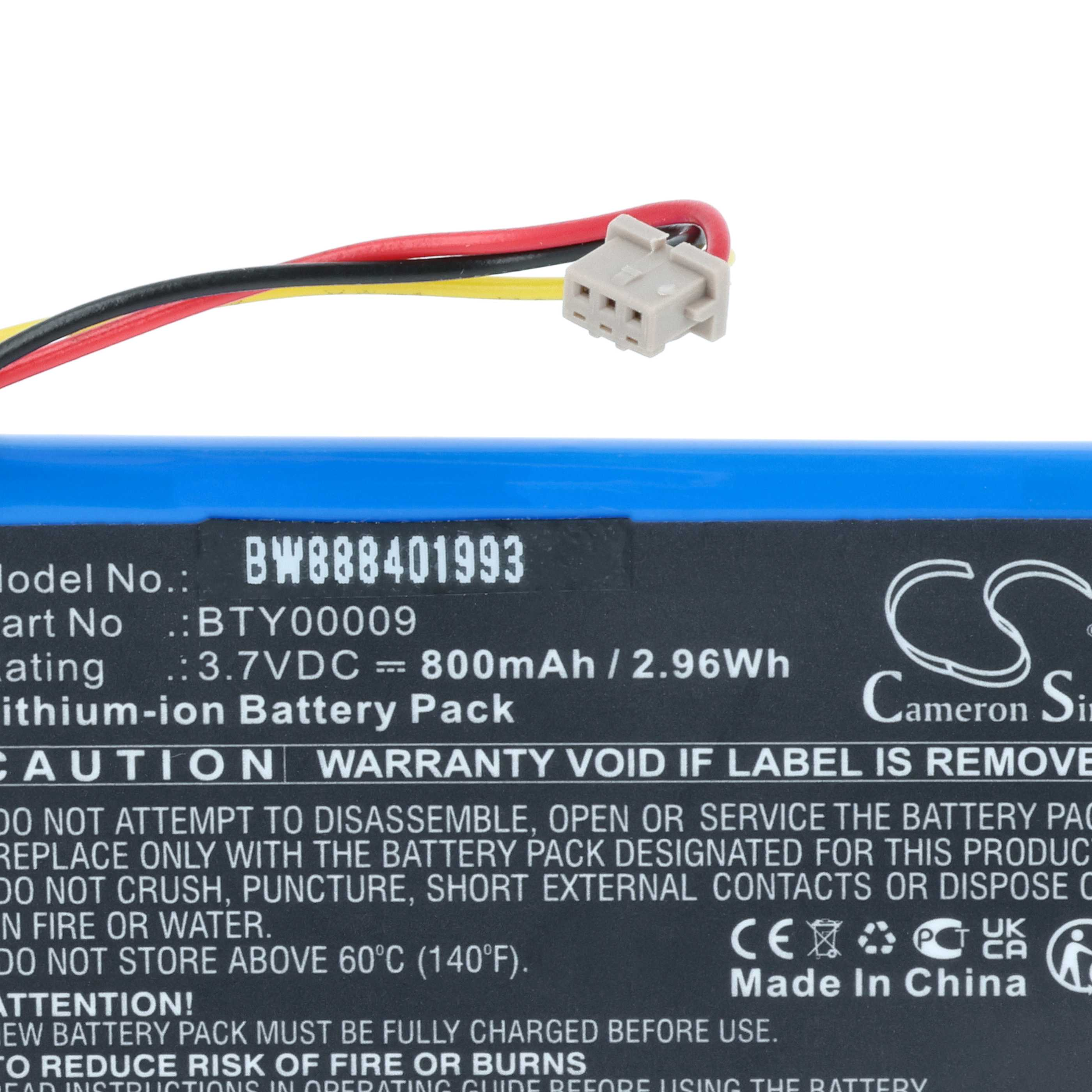 Blauer Lithium-Ionen-Akku mit schwarzen, roten und gelben Kabeln, detaillierter Beschriftung.