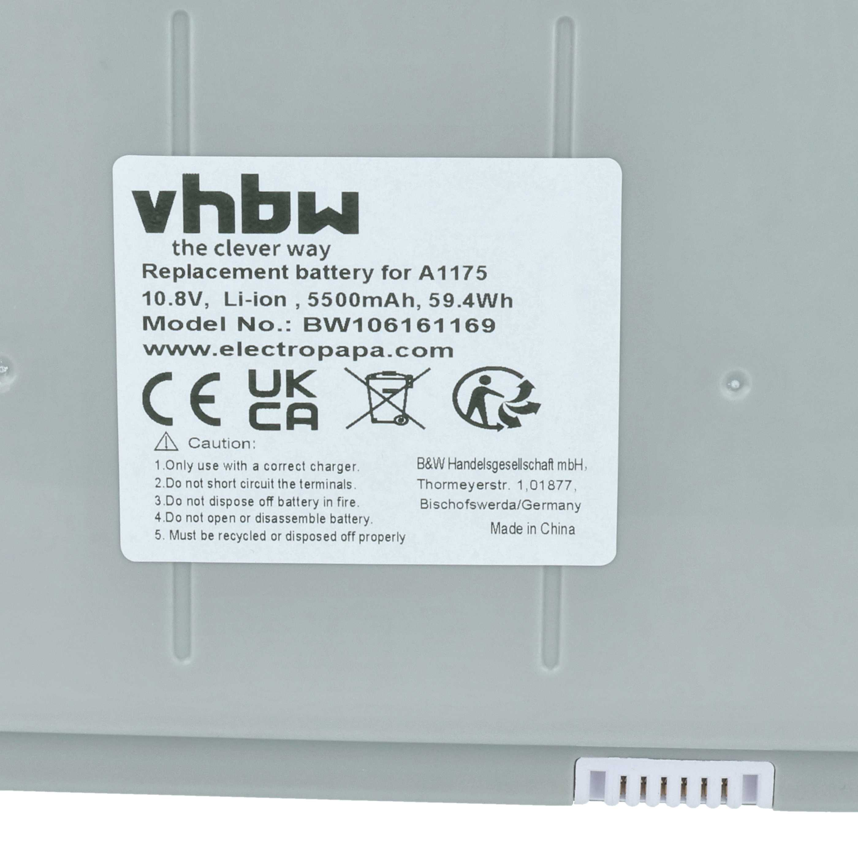 vhbw Ersatzakku für A1175, 10.8V, Li-ion, 5500mAh. Mit CE, UK CA, Entsorgungssymbol.
