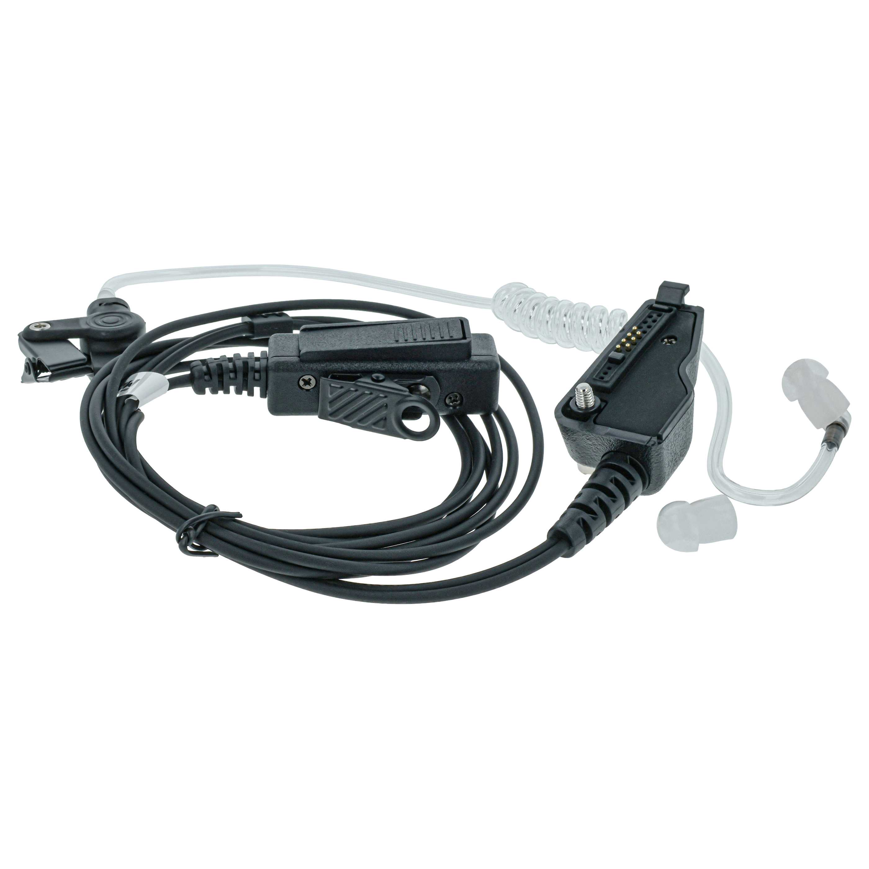 Ein schwarzes Headset mit Ohrstöpseln, Mikrofon und Kabeln.