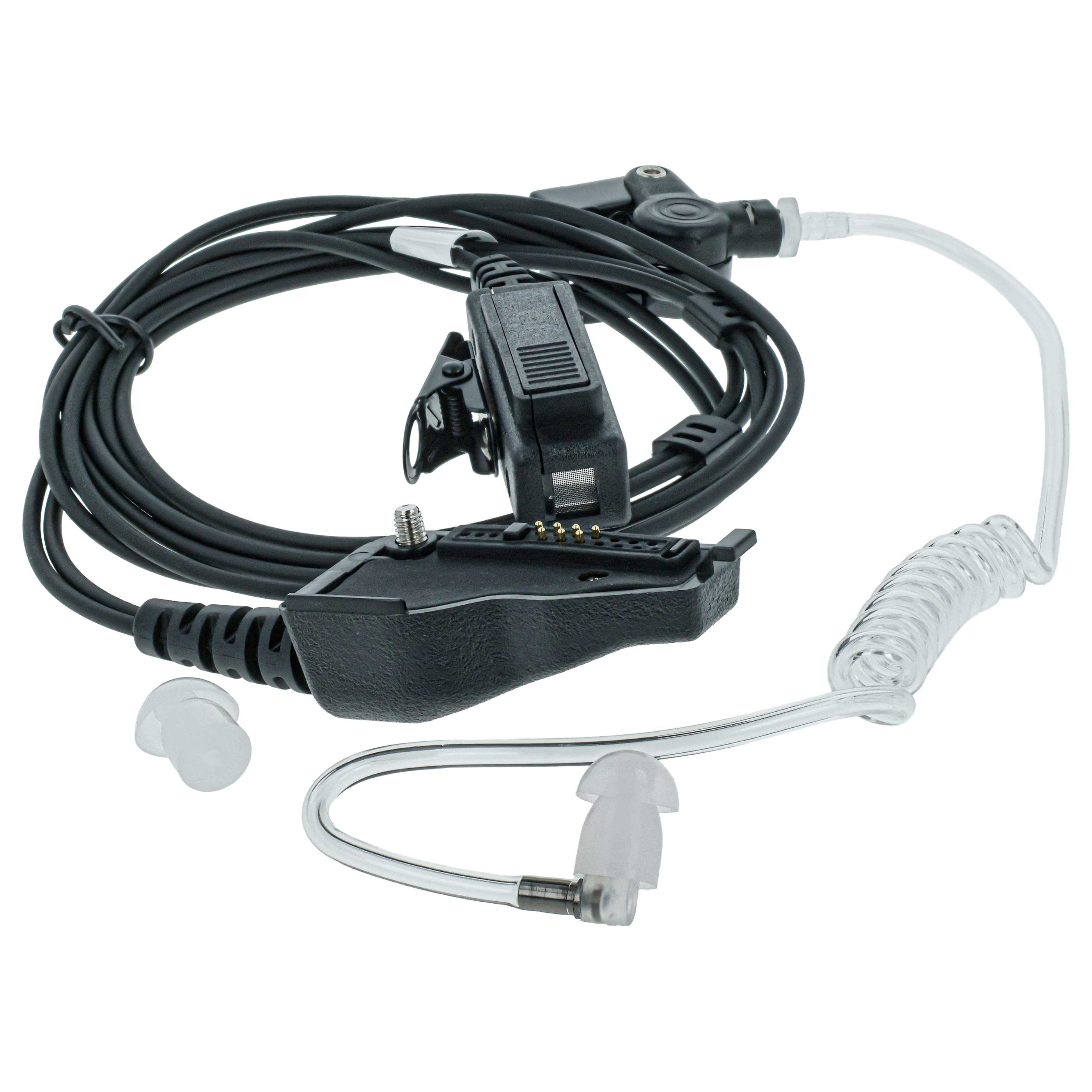 Ein schwarzes Headset mit Ohrstöpseln und einem Spiralkabel, auf weißem Hintergrund.