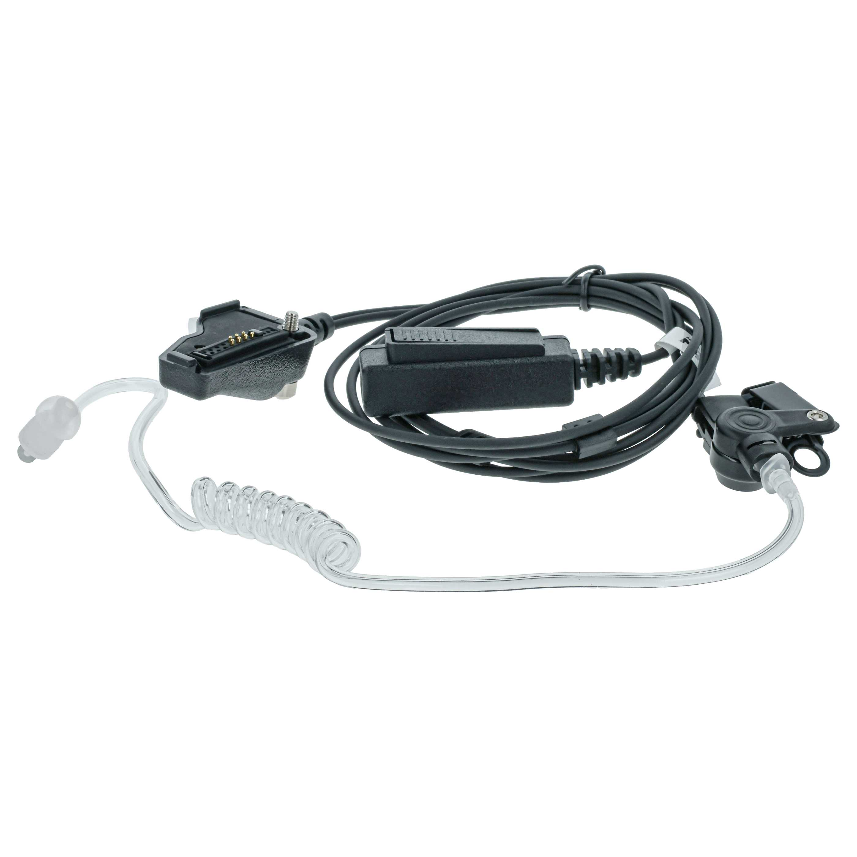 Ein schwarzer Headset-Kabelsatz mit transparentem Spiralschlauch und Ohrstöpsel.
