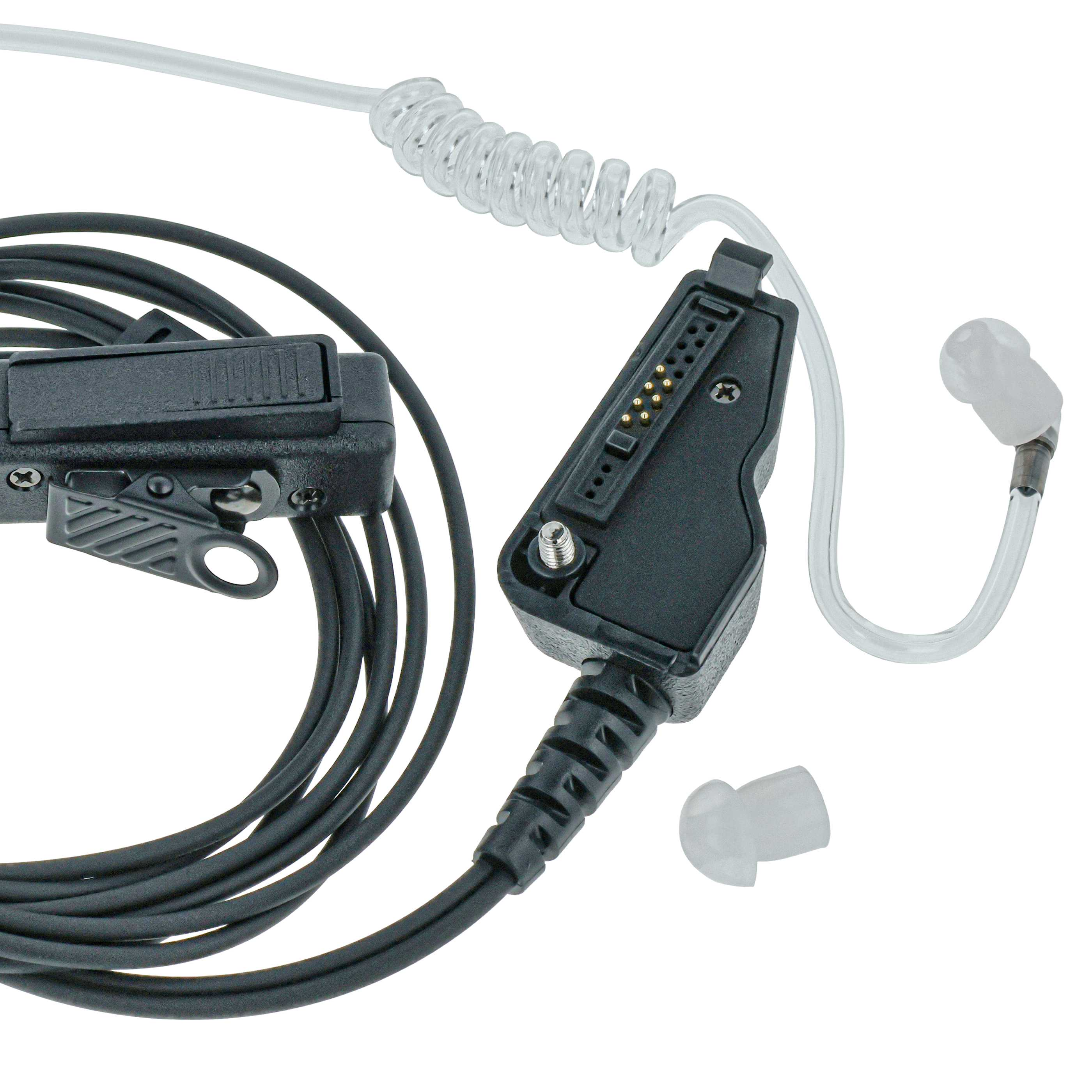 Schwarzes Kabel mit Ohrhörer und Mikrofon, weißer Spiralschlauch.