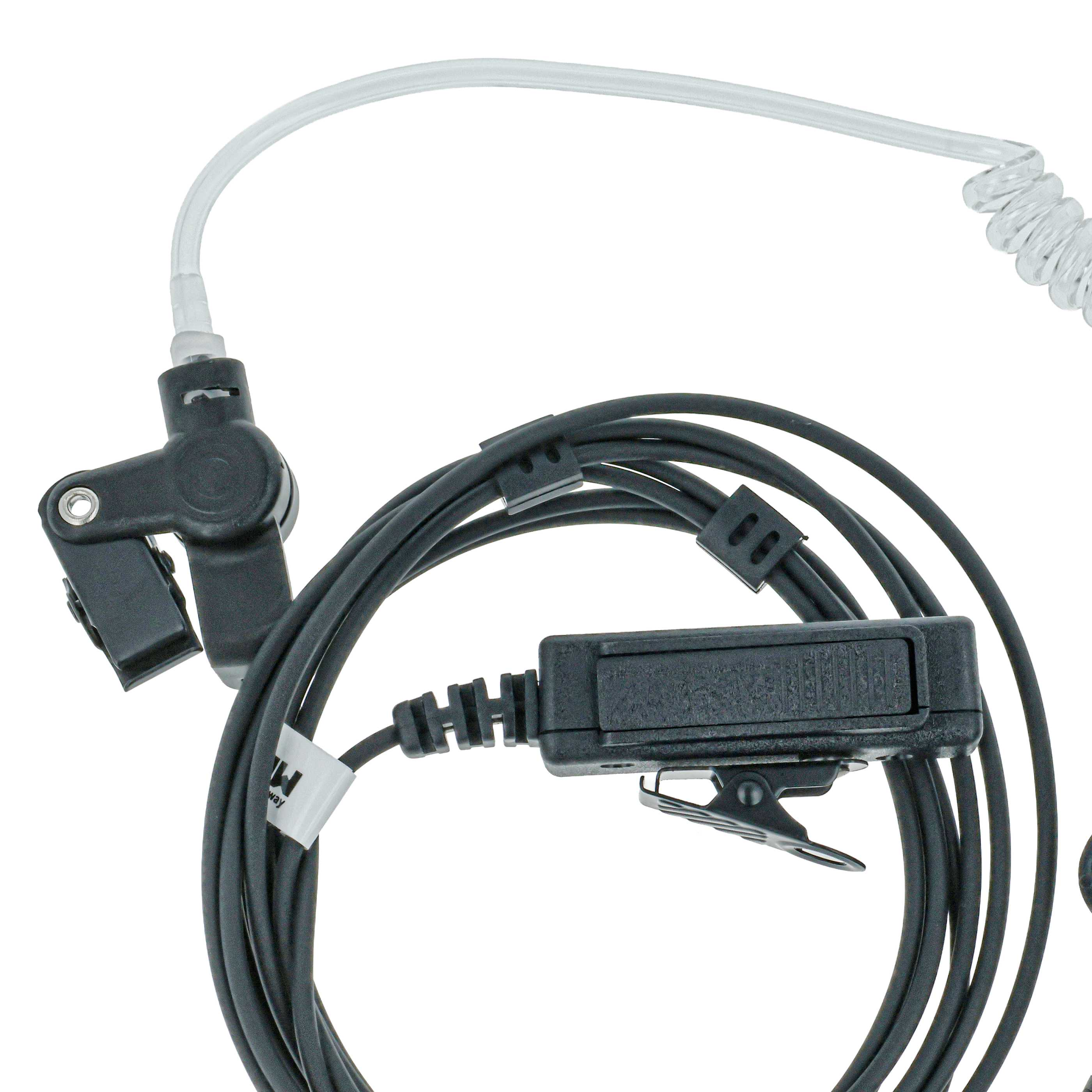 Schwarzes Kommunikationskabel mit Clips und transparentem Schlauch.
