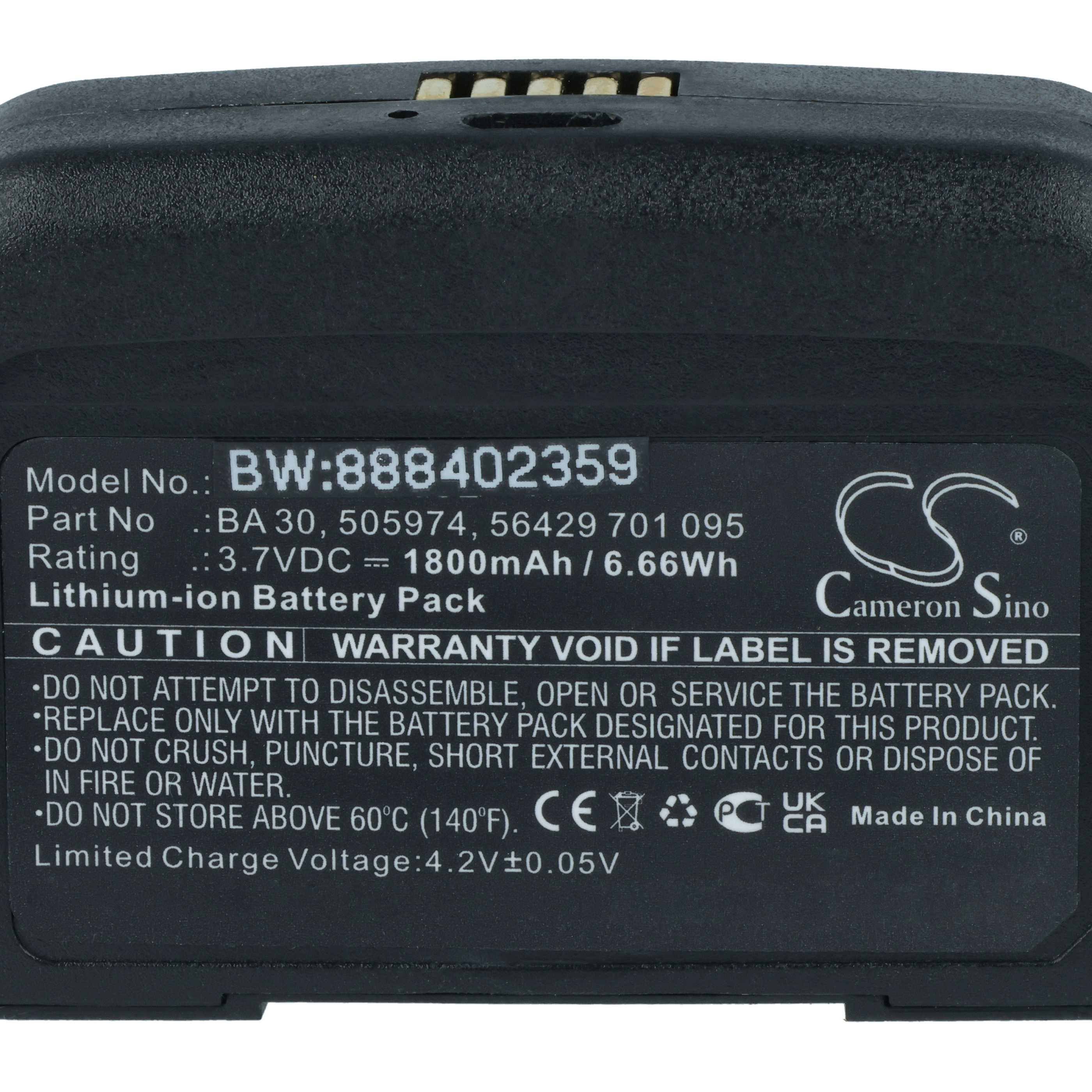 Schwarzer Lithium-Ionen-Akku mit Beschriftung: Modell BW:888402359, 3.7VDC, 1800mAh.
