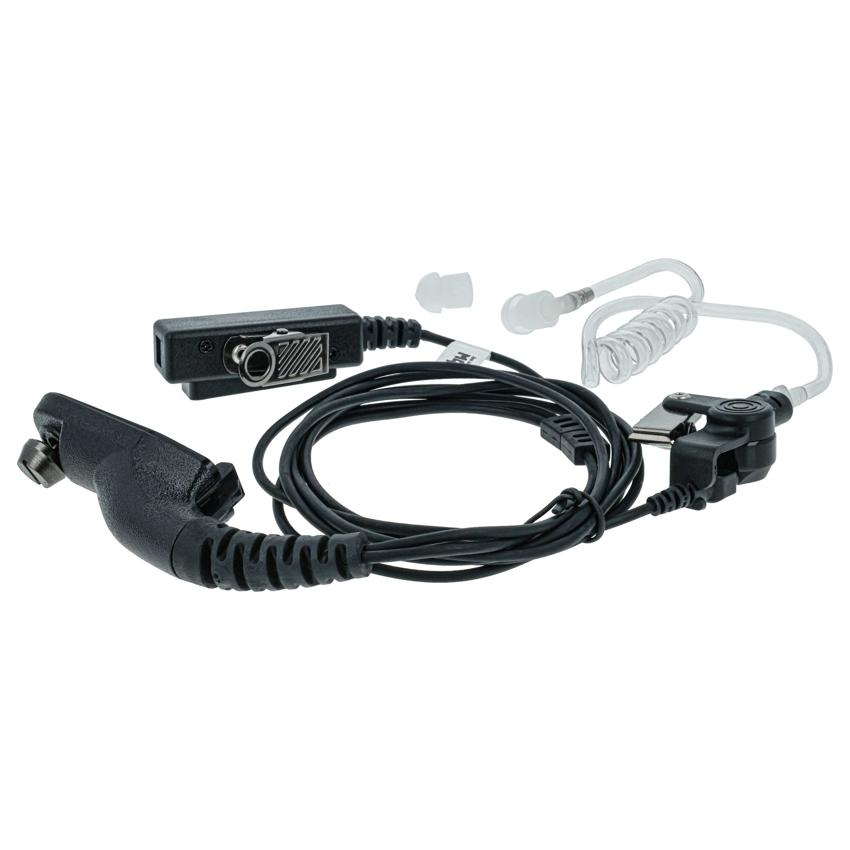 Schwarzes Headset mit Ohrstöpsel, Mikrofon und Spiralkabel, auf weißem Grund.